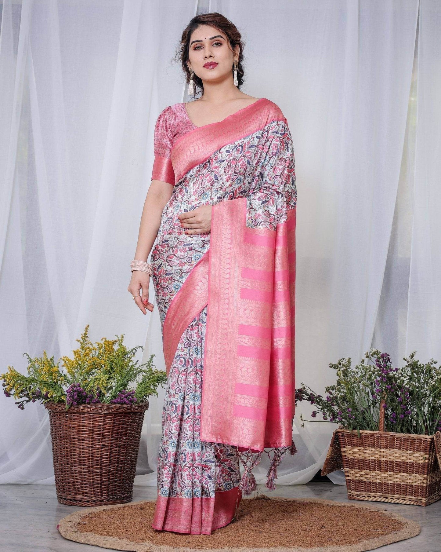 Ivory Banarasi Silk Saree with Vibrant Paisley Digital Print, Pink Zari Border & Tassel Pallu - SEEANS