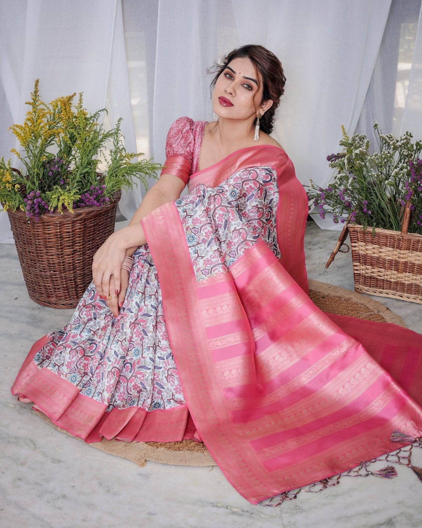 Ivory Banarasi Silk Saree with Vibrant Paisley Digital Print, Pink Zari Border & Tassel Pallu - SEEANS