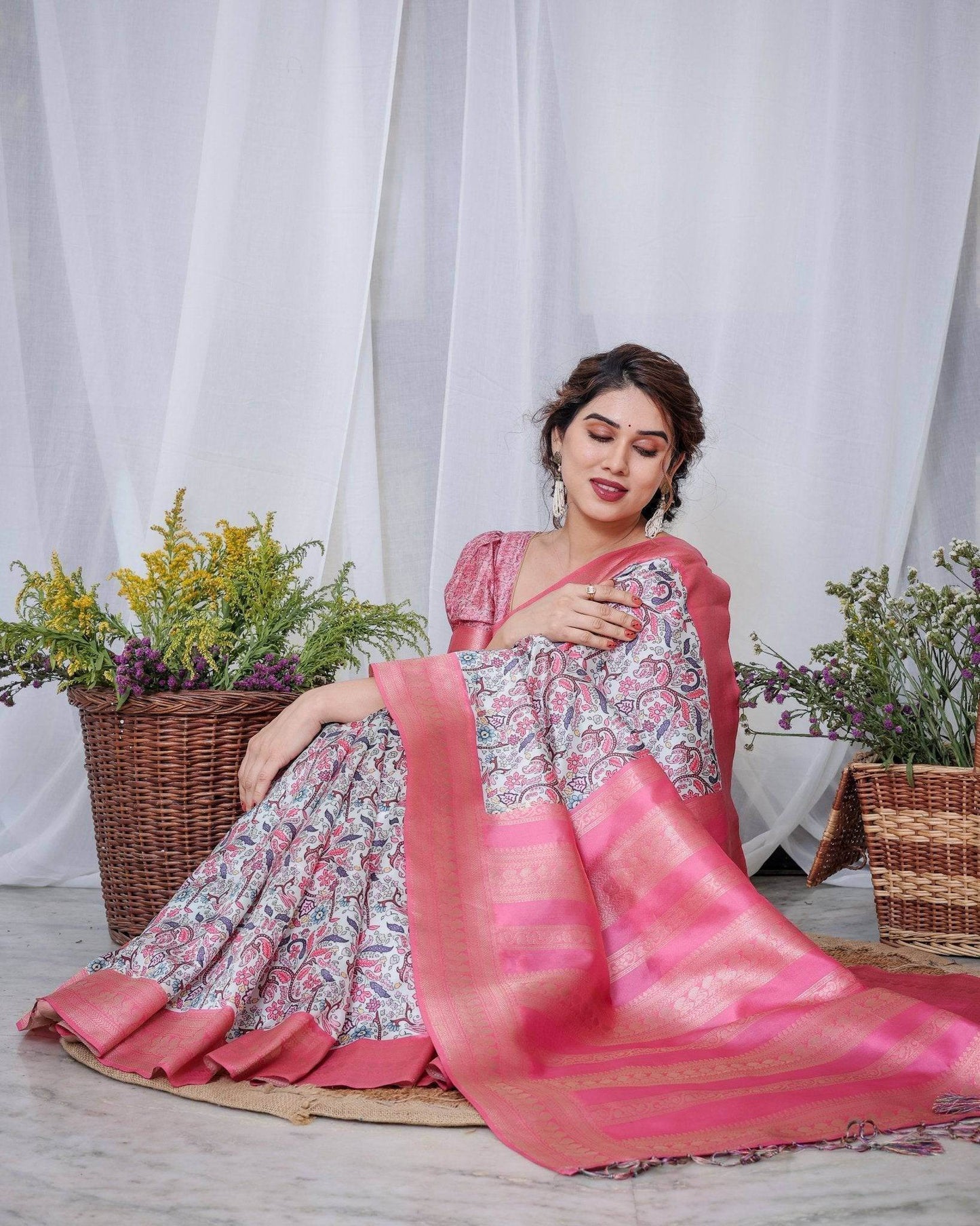Ivory Banarasi Silk Saree with Vibrant Paisley Digital Print, Pink Zari Border & Tassel Pallu - SEEANS