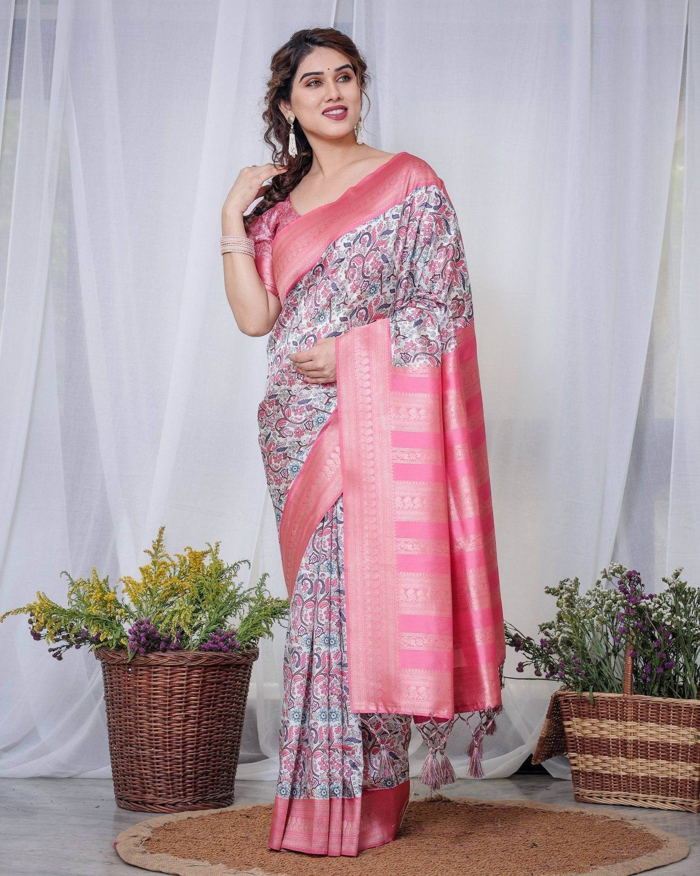 Ivory Banarasi Silk Saree with Vibrant Paisley Digital Print, Pink Zari Border & Tassel Pallu - SEEANS