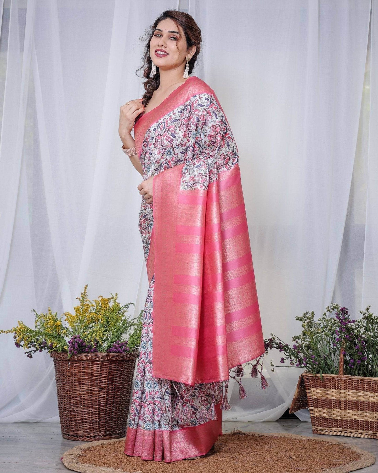 Ivory Banarasi Silk Saree with Vibrant Paisley Digital Print, Pink Zari Border & Tassel Pallu - SEEANS