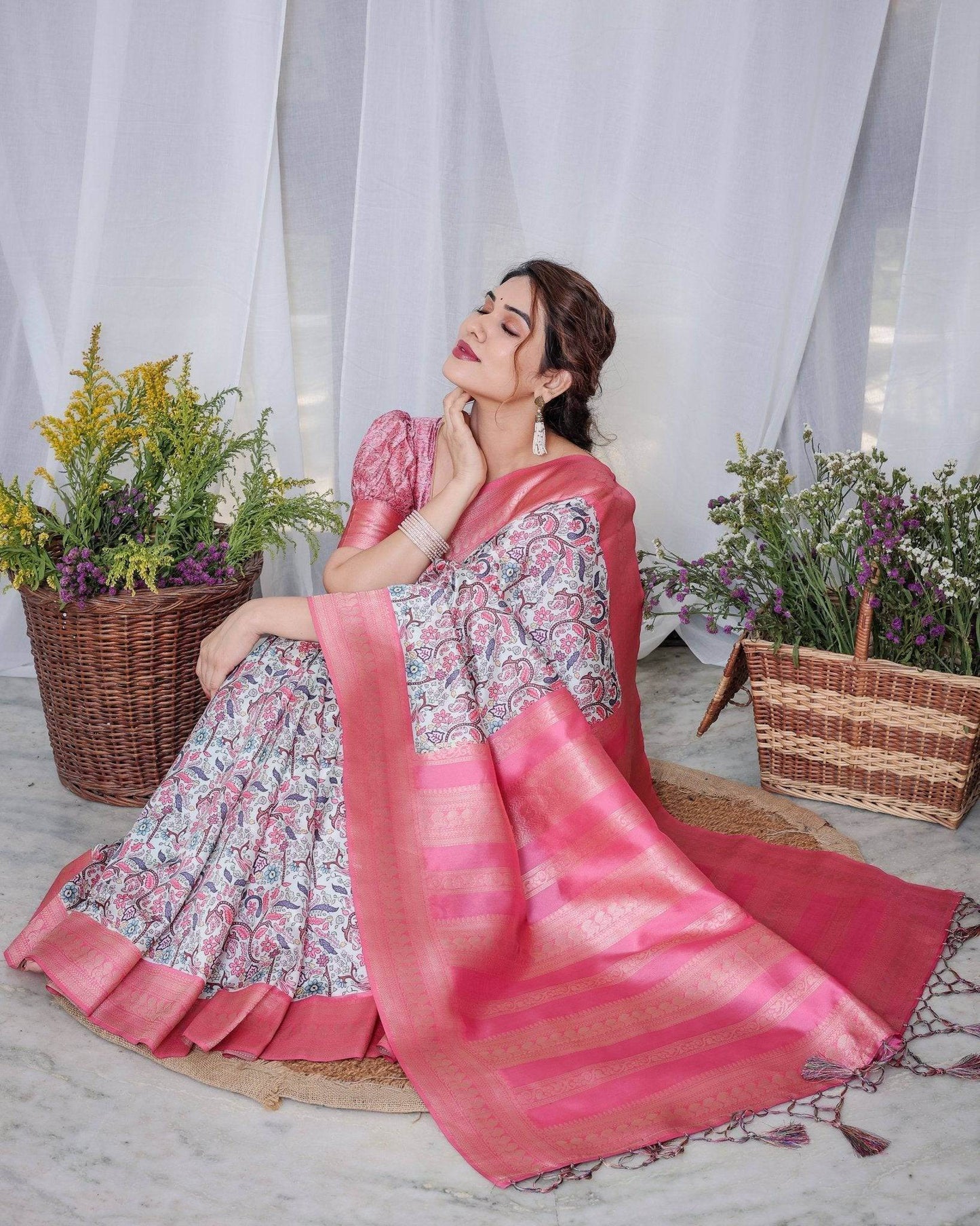 Ivory Banarasi Silk Saree with Vibrant Paisley Digital Print, Pink Zari Border & Tassel Pallu - SEEANS