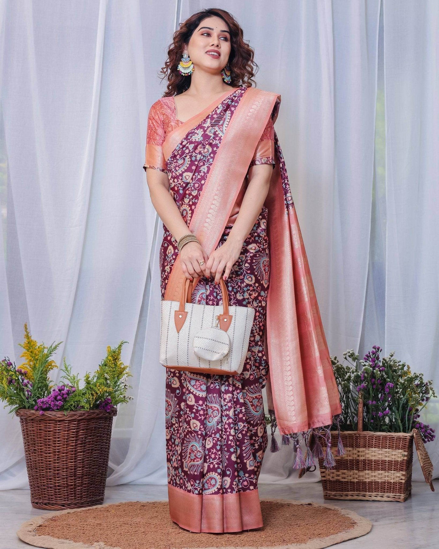Regal Maroon and Peach Banarasi Silk Saree with Delicate Tassels - SEEANS
