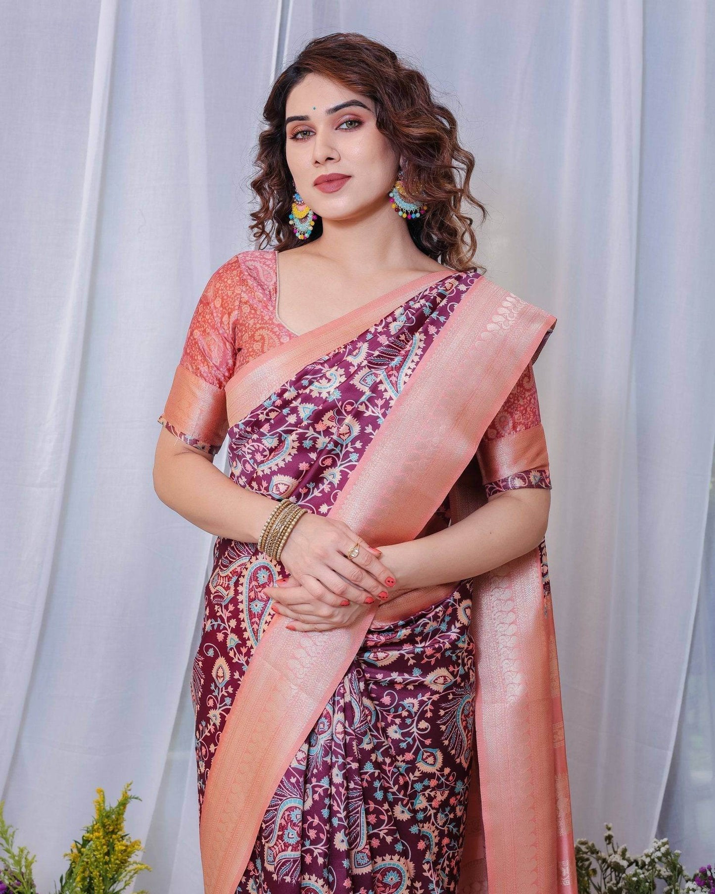 Regal Maroon and Peach Banarasi Silk Saree with Delicate Tassels - SEEANS