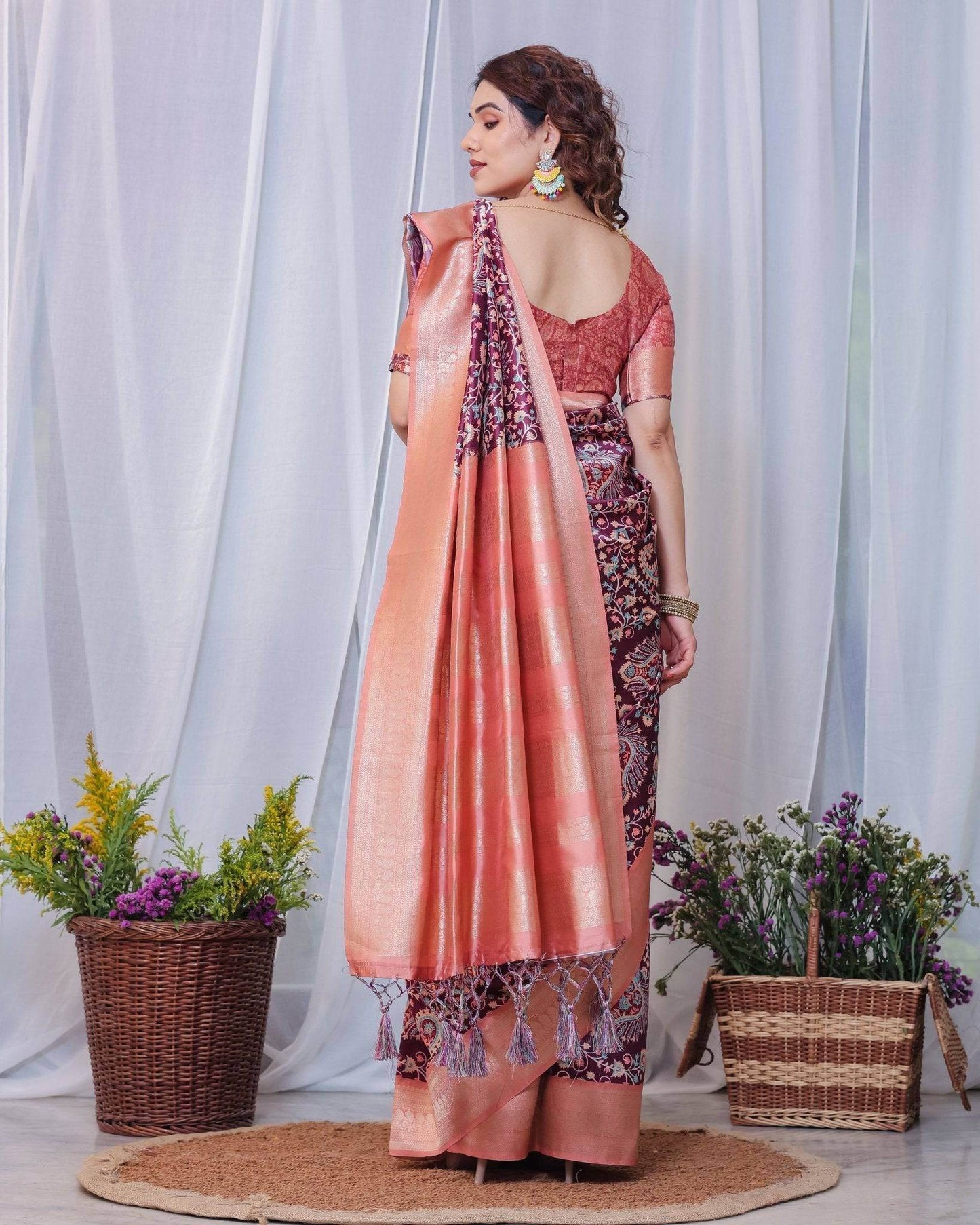 Regal Maroon and Peach Banarasi Silk Saree with Delicate Tassels - SEEANS