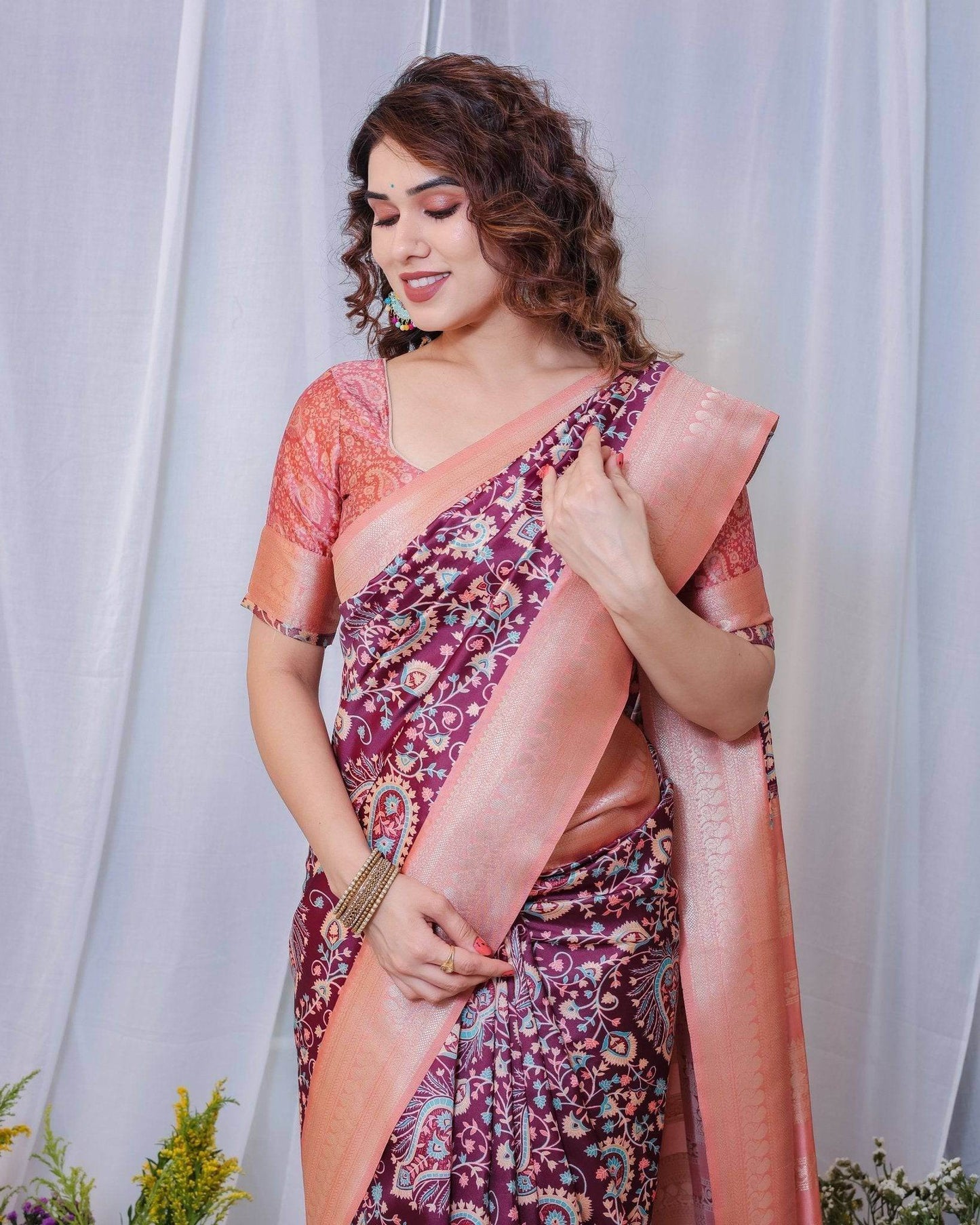 Regal Maroon and Peach Banarasi Silk Saree with Delicate Tassels - SEEANS