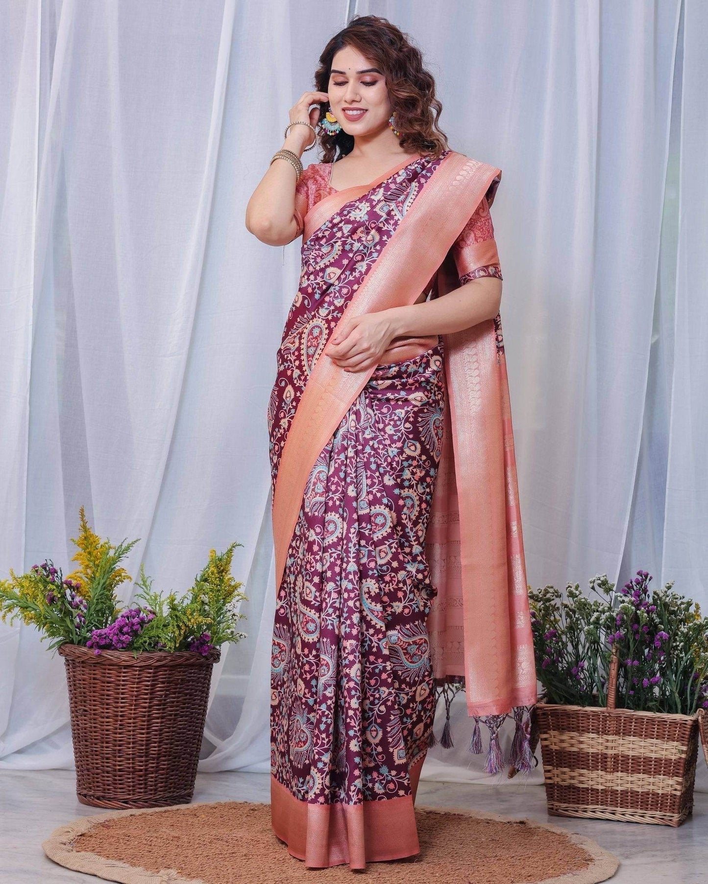 Regal Maroon and Peach Banarasi Silk Saree with Delicate Tassels - SEEANS