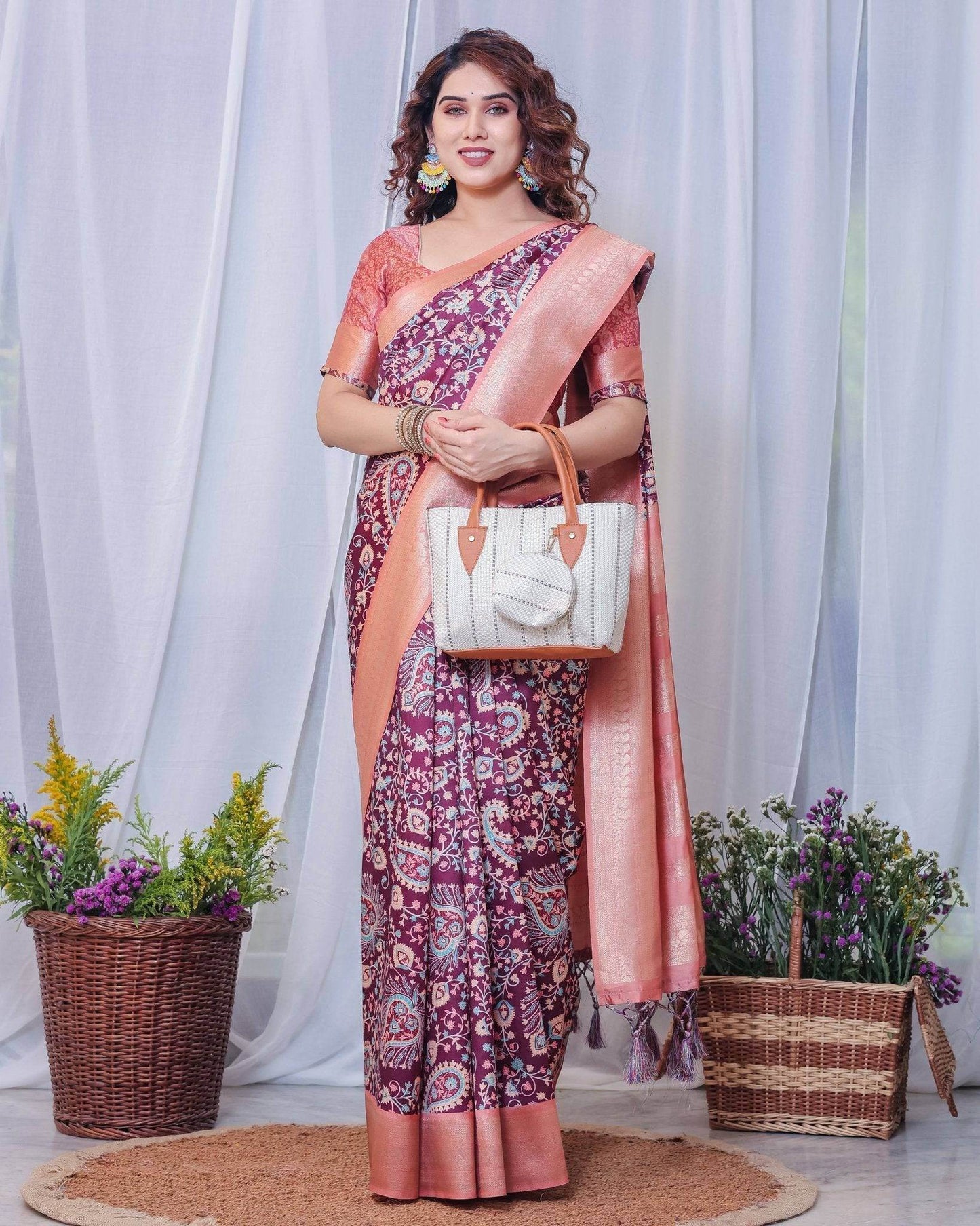 Regal Maroon and Peach Banarasi Silk Saree with Delicate Tassels - SEEANS