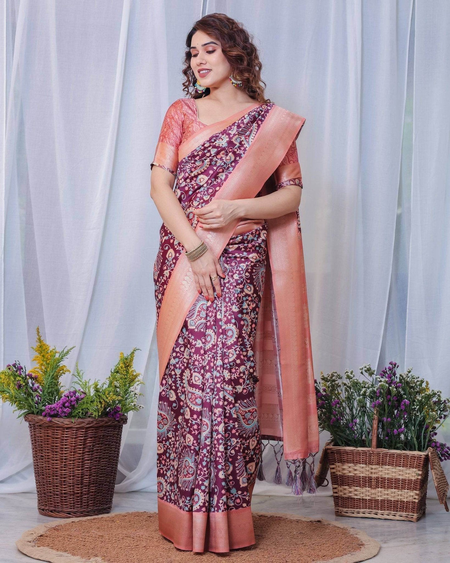 Regal Maroon and Peach Banarasi Silk Saree with Delicate Tassels - SEEANS