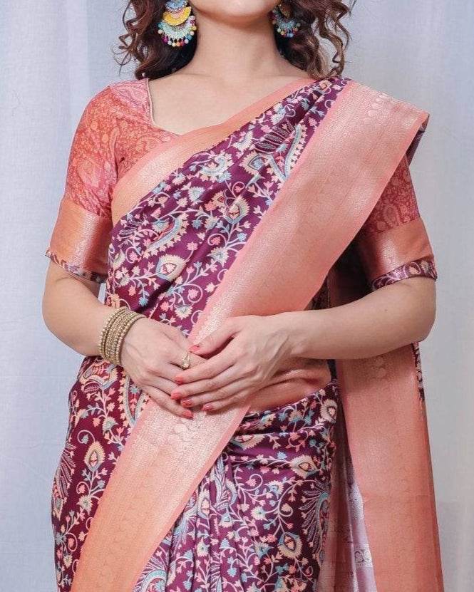 Regal Maroon and Peach Banarasi Silk Saree with Delicate Tassels - SEEANS