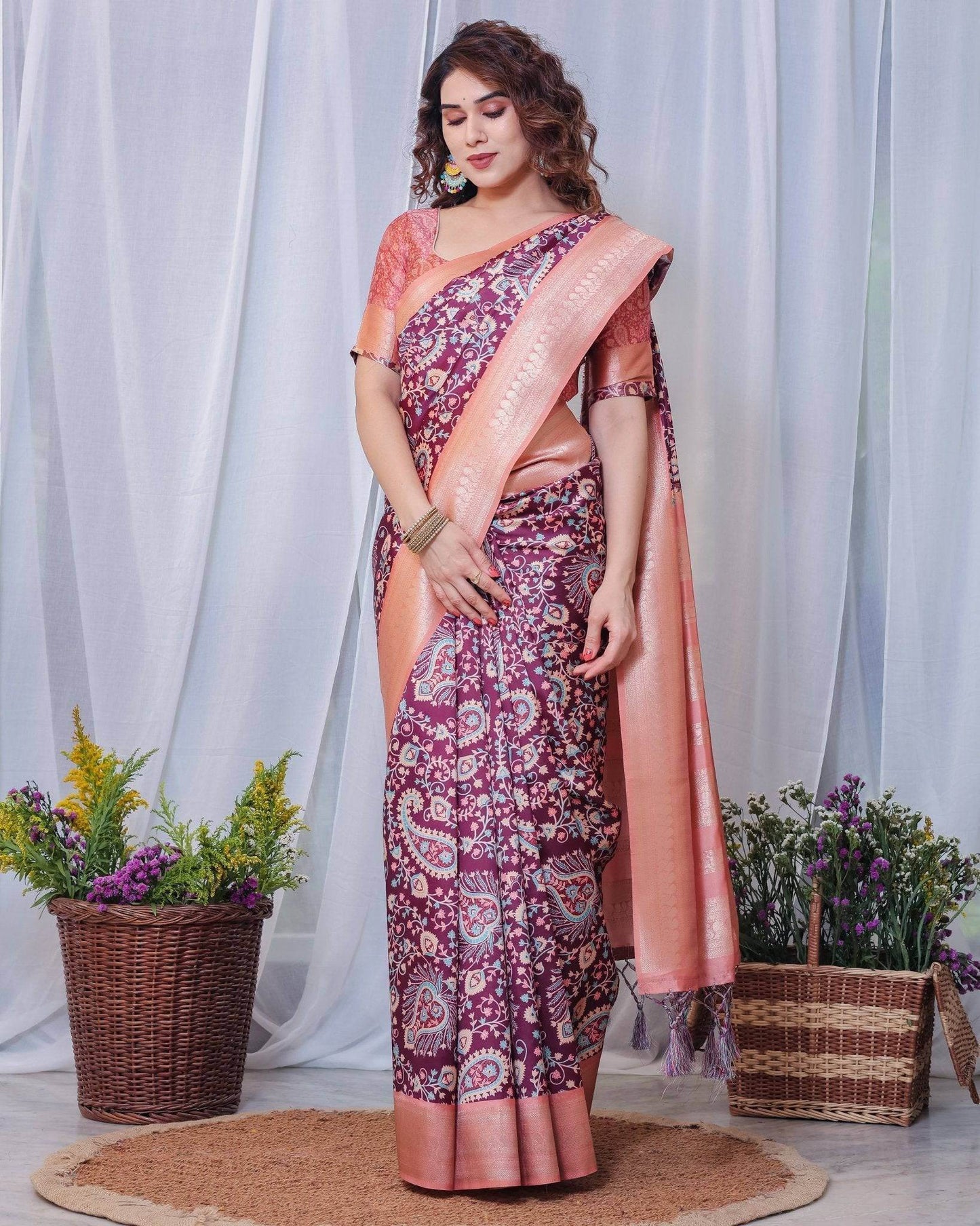Regal Maroon and Peach Banarasi Silk Saree with Delicate Tassels - SEEANS