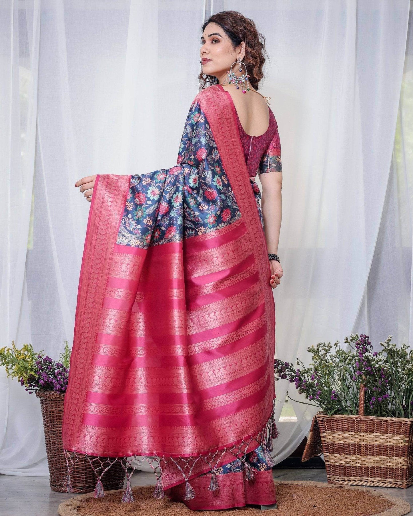 Navy Blue Banarasi Silk Saree with Floral Digital Print, Pink Zari Border & Tassel Pallu - SEEANS