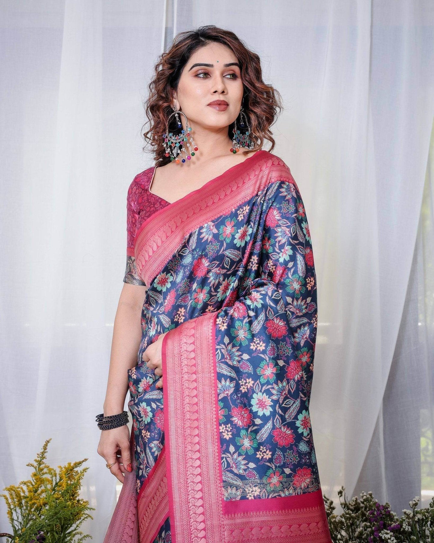 Navy Blue Banarasi Silk Saree with Floral Digital Print, Pink Zari Border & Tassel Pallu - SEEANS