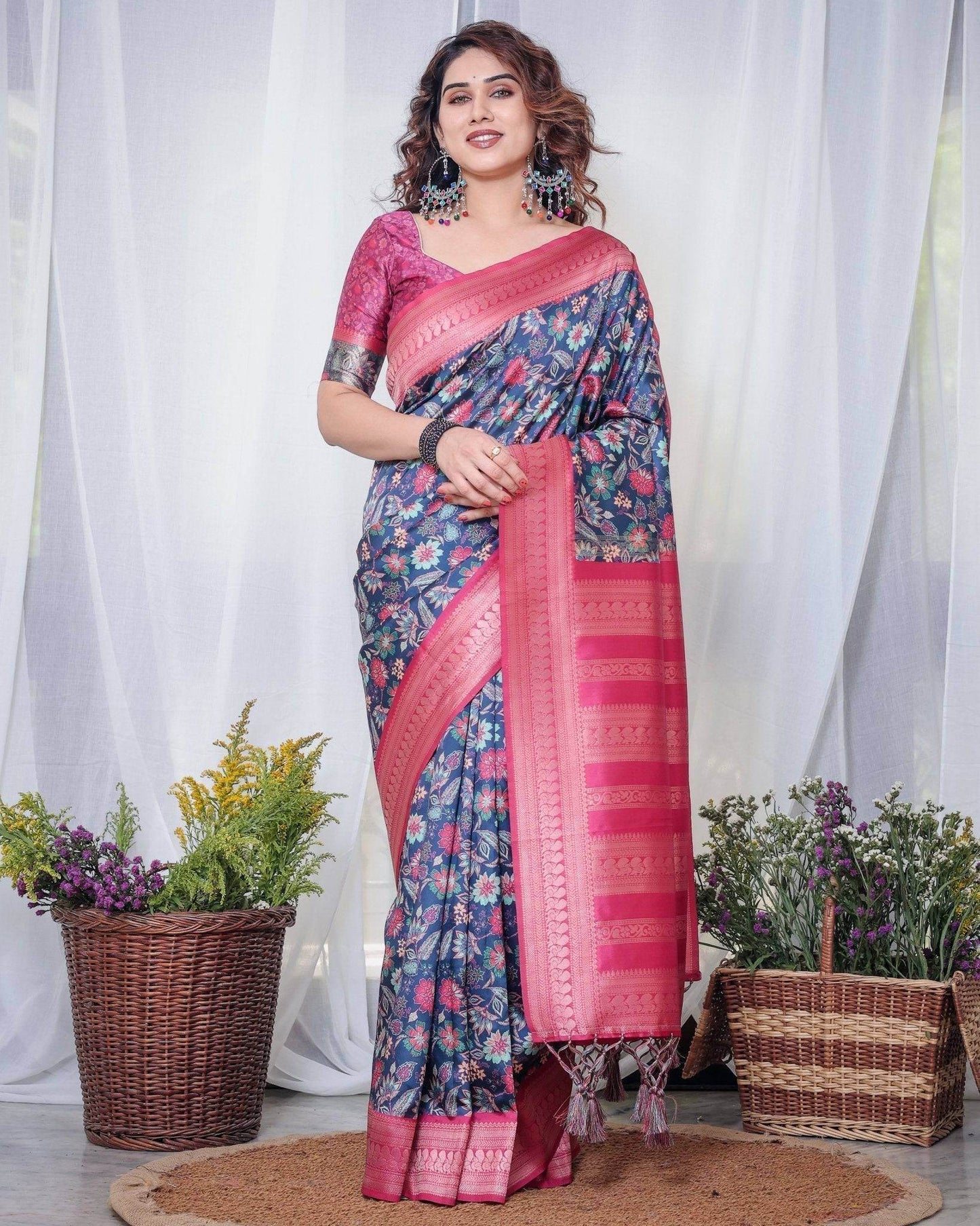 Navy Blue Banarasi Silk Saree with Floral Digital Print, Pink Zari Border & Tassel Pallu - SEEANS