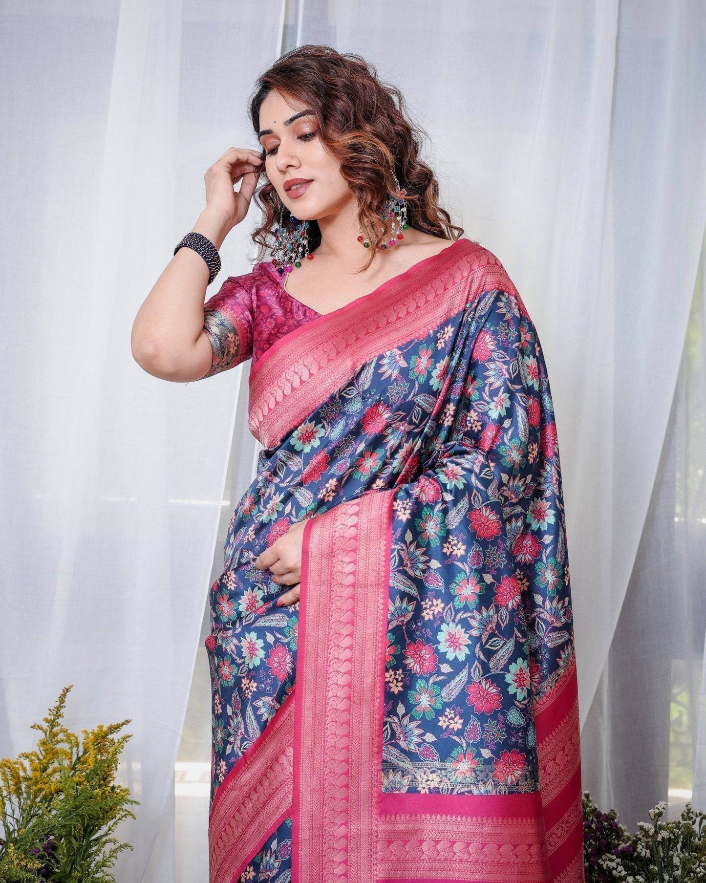 Navy Blue Banarasi Silk Saree with Floral Digital Print, Pink Zari Border & Tassel Pallu - SEEANS