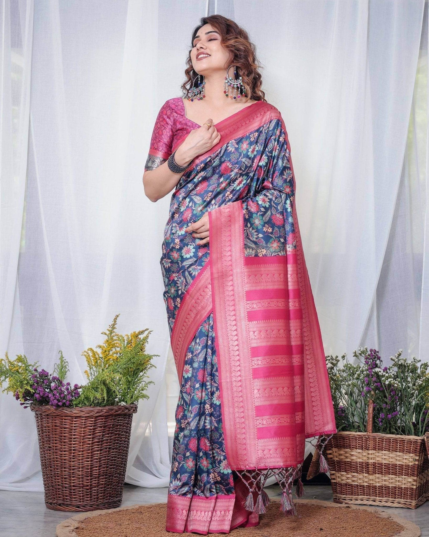 Navy Blue Banarasi Silk Saree with Floral Digital Print, Pink Zari Border & Tassel Pallu - SEEANS
