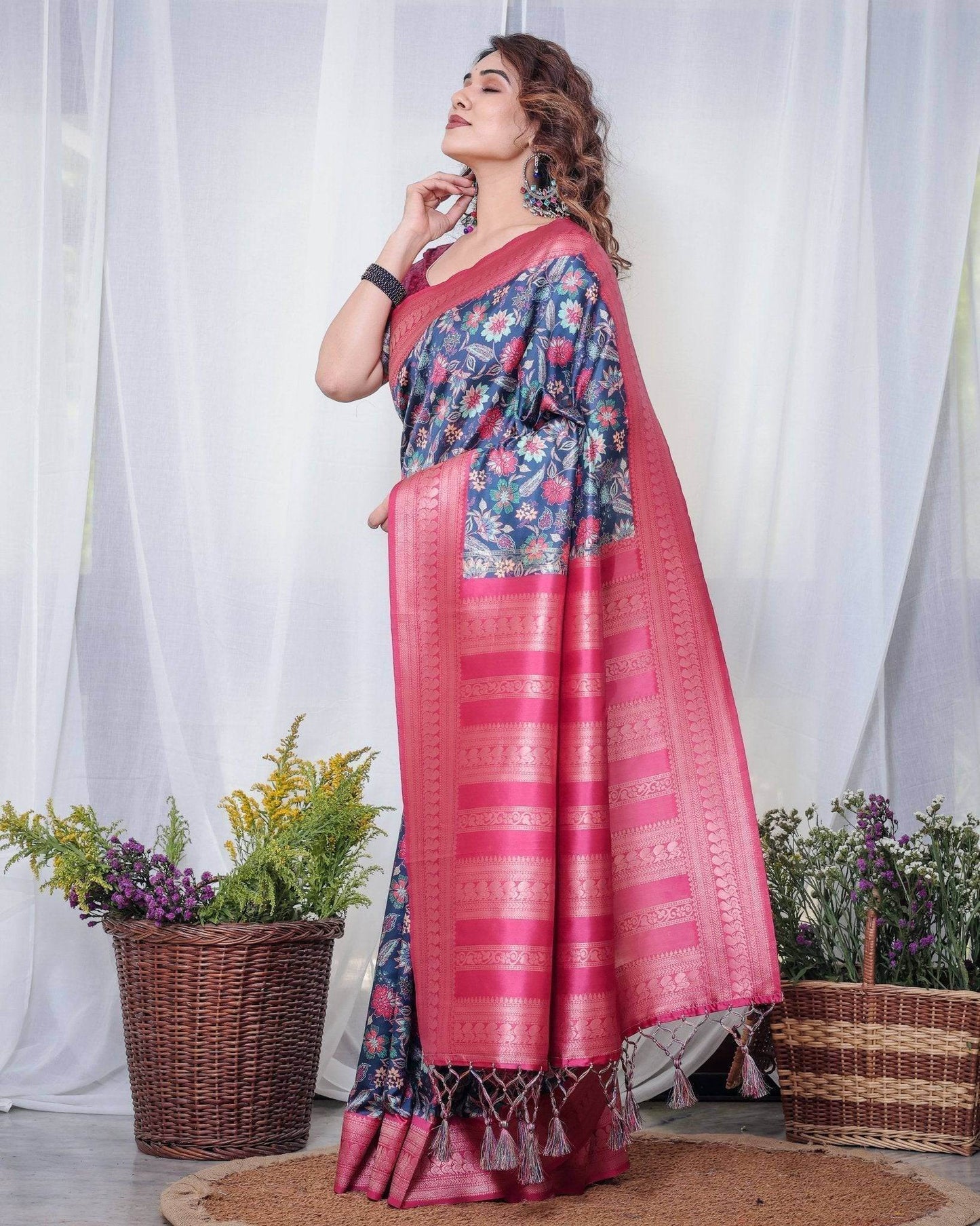 Navy Blue Banarasi Silk Saree with Floral Digital Print, Pink Zari Border & Tassel Pallu - SEEANS