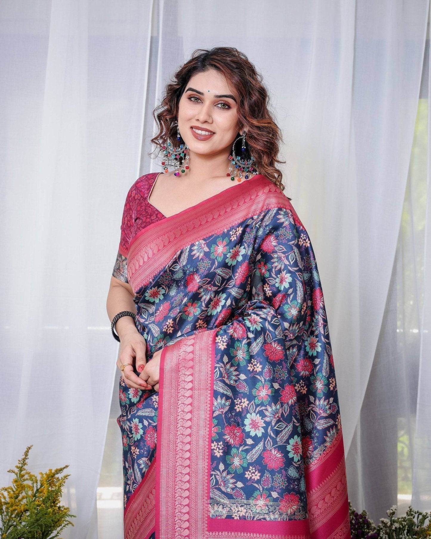 Navy Blue Banarasi Silk Saree with Floral Digital Print, Pink Zari Border & Tassel Pallu - SEEANS