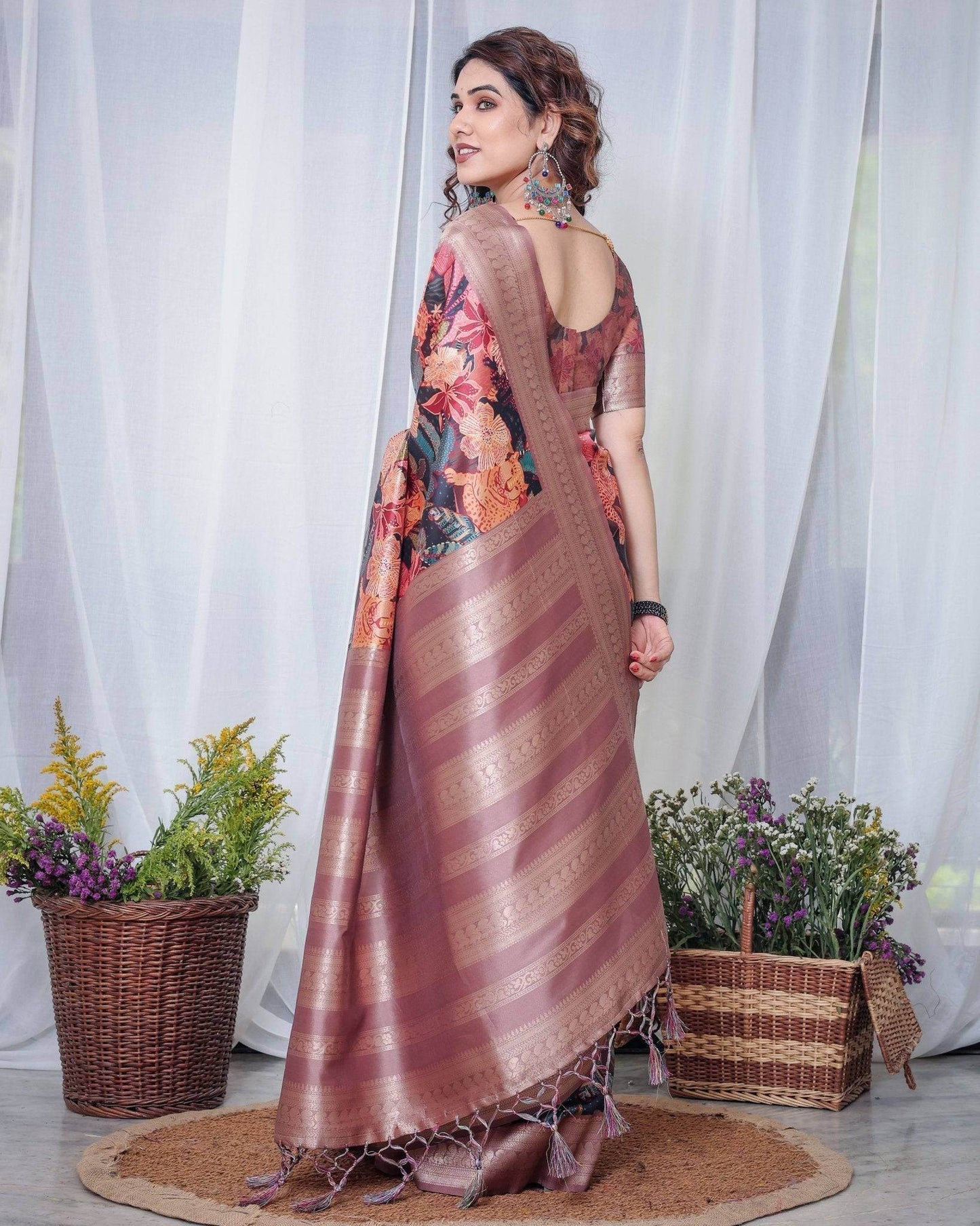 Black Banarasi Silk Saree with Exotic Leopard & Floral Digital Print, Zari Border & Tassel Pallu - SEEANS