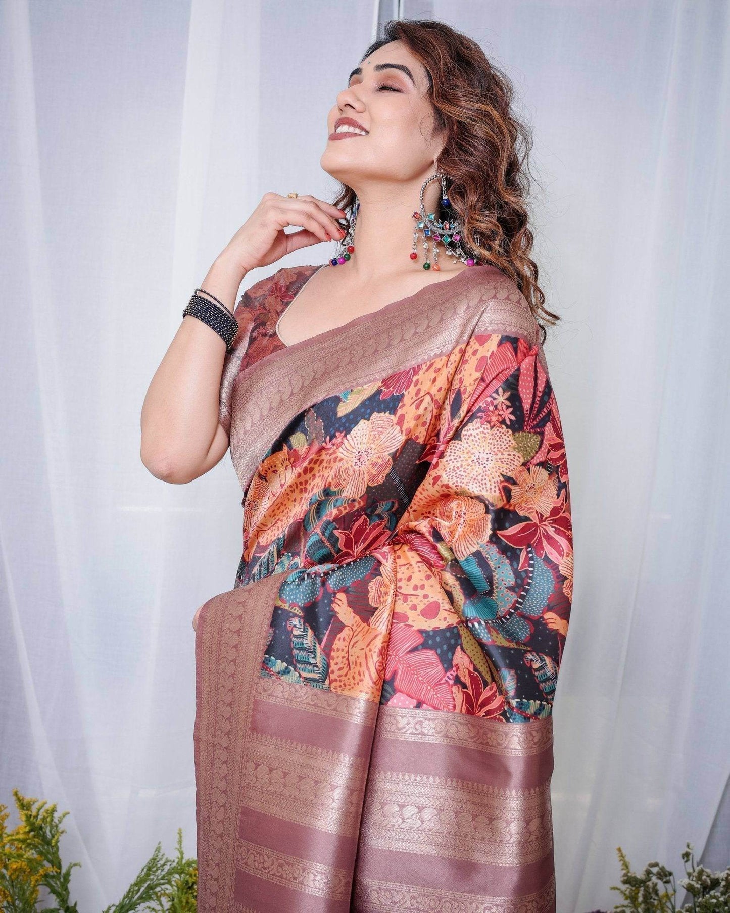 Black Banarasi Silk Saree with Exotic Leopard & Floral Digital Print, Zari Border & Tassel Pallu - SEEANS
