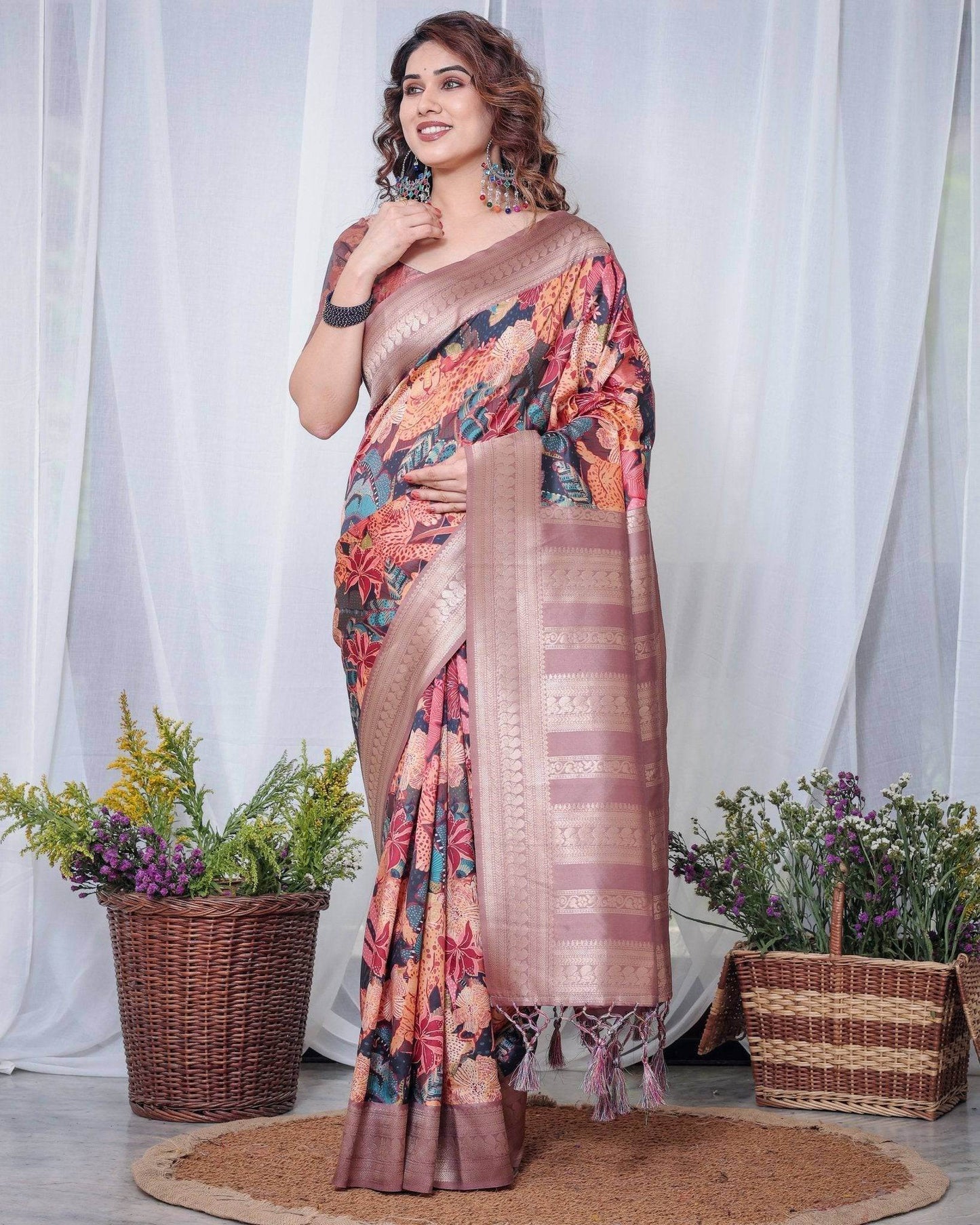 Black Banarasi Silk Saree with Exotic Leopard & Floral Digital Print, Zari Border & Tassel Pallu - SEEANS