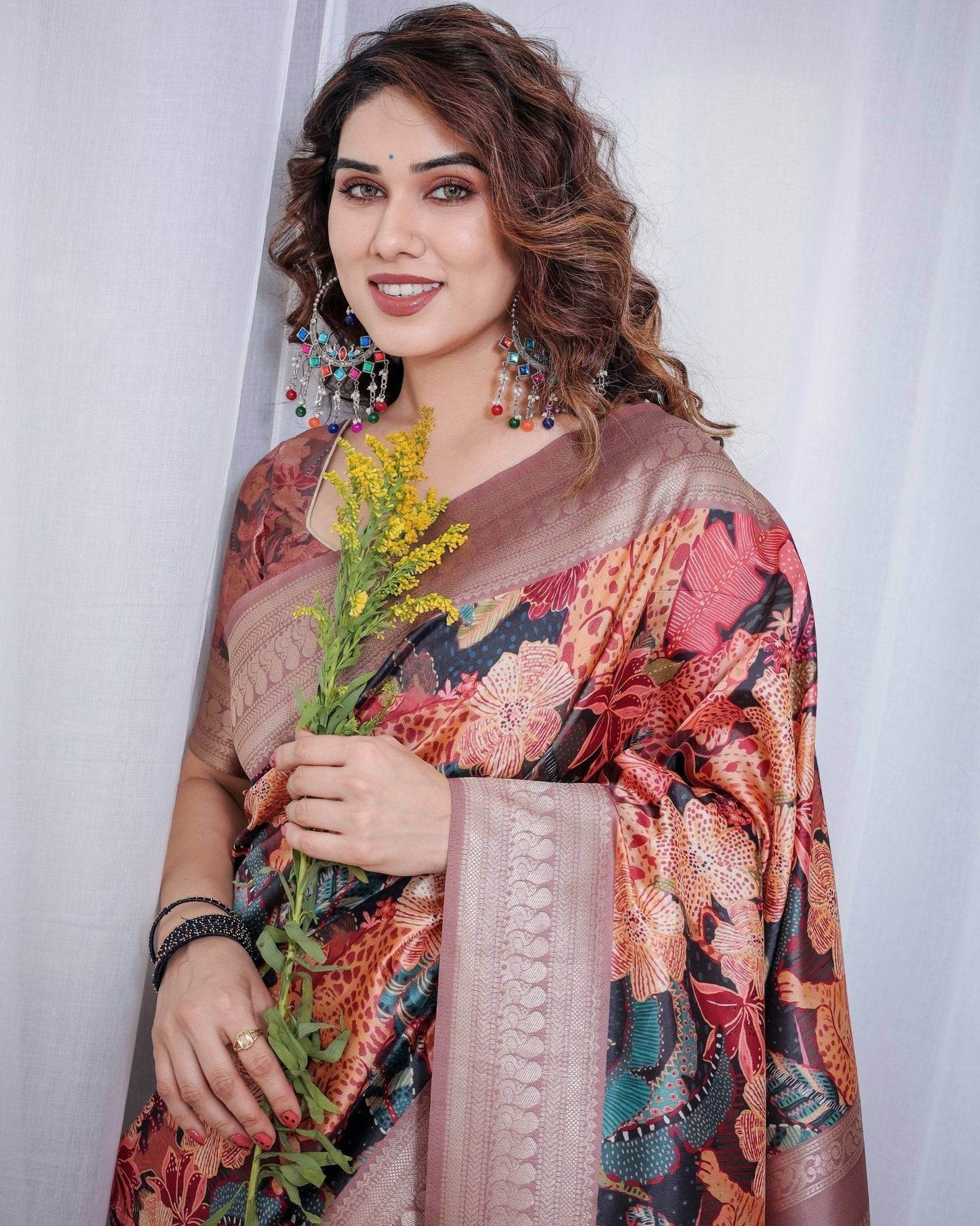 Black Banarasi Silk Saree with Exotic Leopard & Floral Digital Print, Zari Border & Tassel Pallu - SEEANS