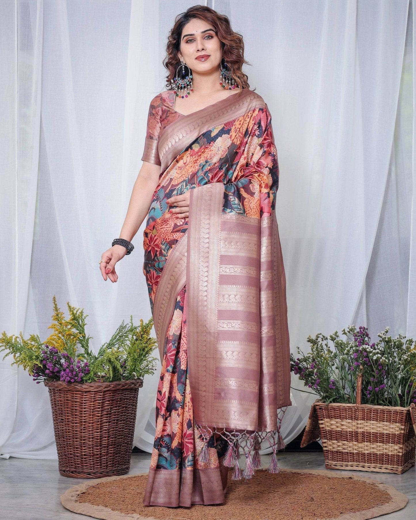 Black Banarasi Silk Saree with Exotic Leopard & Floral Digital Print, Zari Border & Tassel Pallu - SEEANS