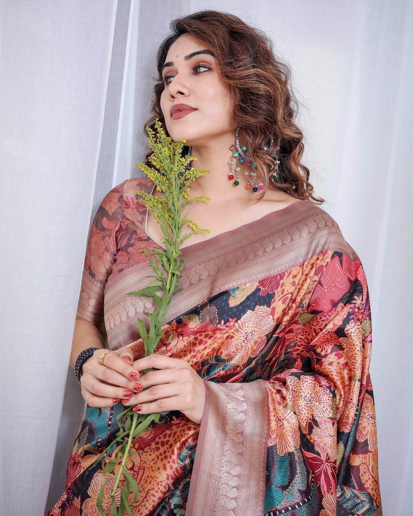 Black Banarasi Silk Saree with Exotic Leopard & Floral Digital Print, Zari Border & Tassel Pallu - SEEANS