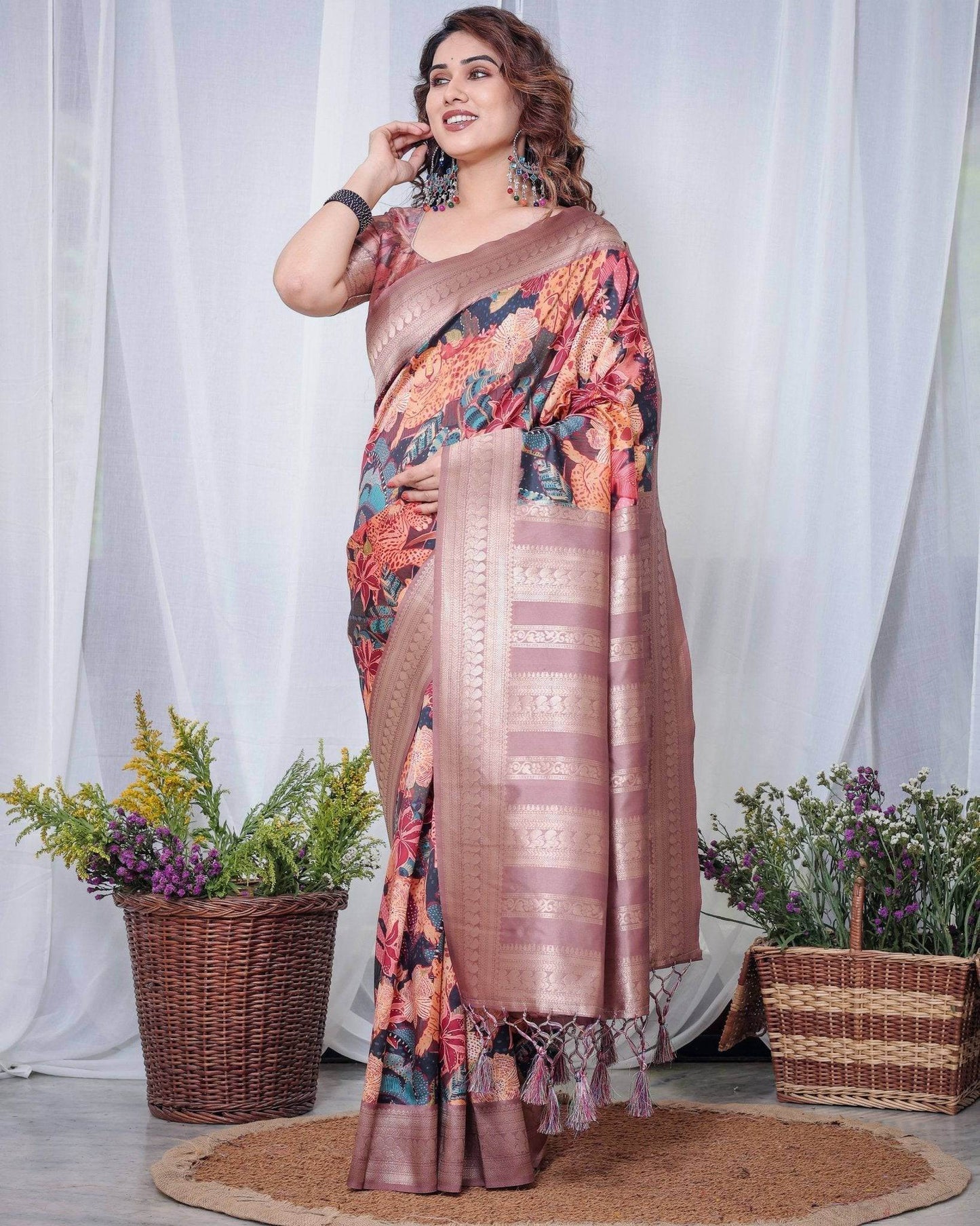 Black Banarasi Silk Saree with Exotic Leopard & Floral Digital Print, Zari Border & Tassel Pallu - SEEANS