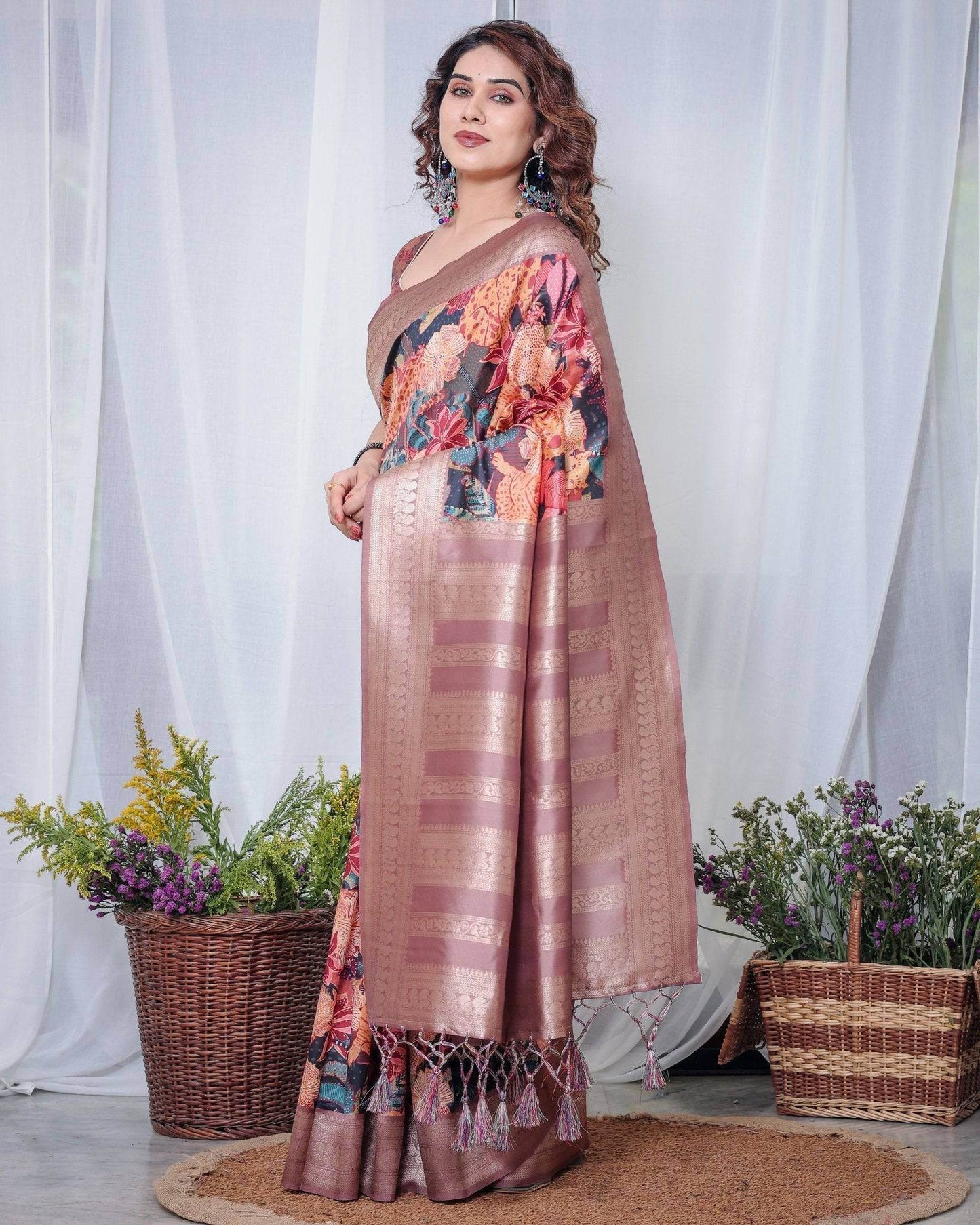Black Banarasi Silk Saree with Exotic Leopard & Floral Digital Print, Zari Border & Tassel Pallu - SEEANS