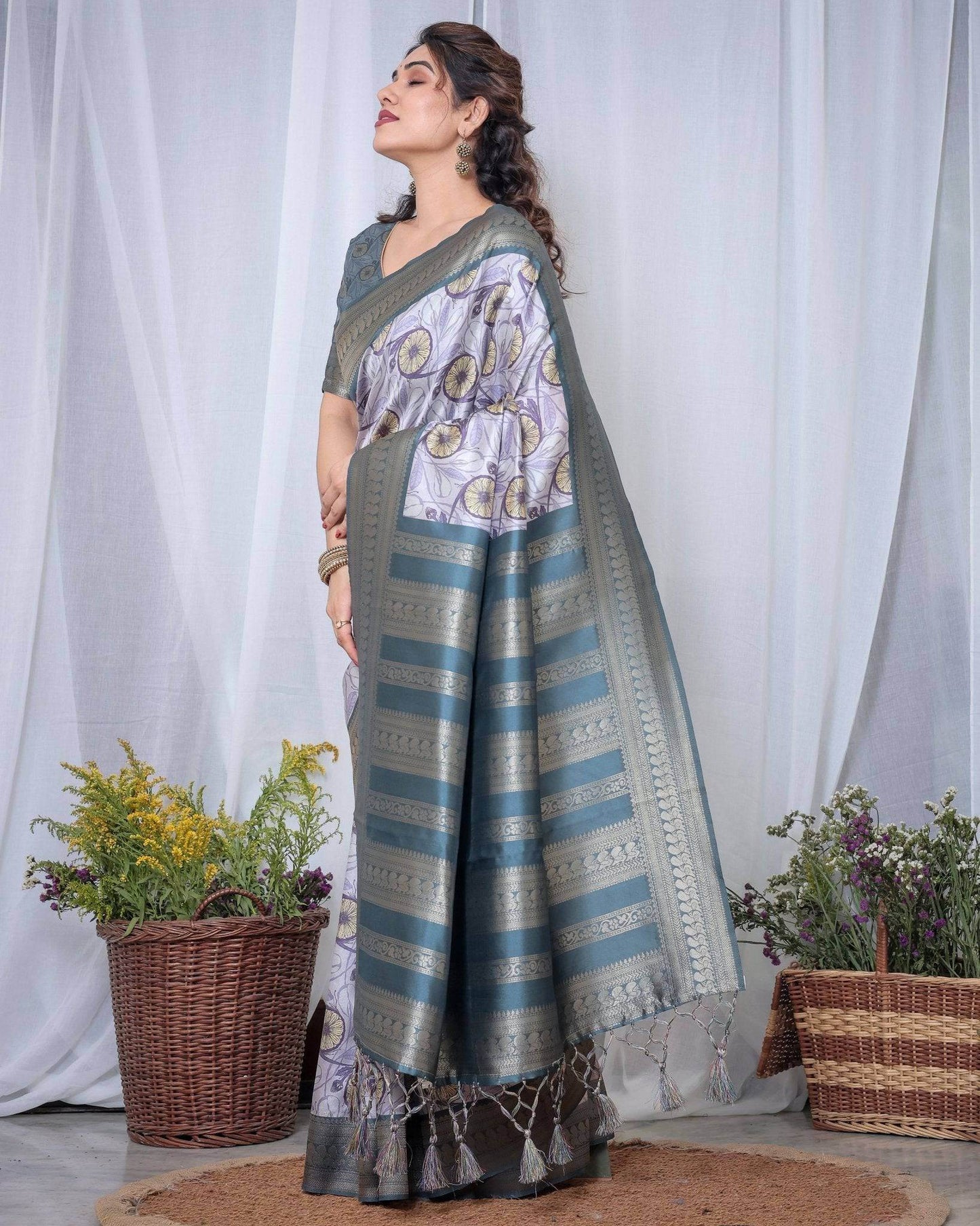 Graceful Banarasi Digitally Printed Silk Saree in Silver and Teal with Zari Work and Tassels - SEEANS
