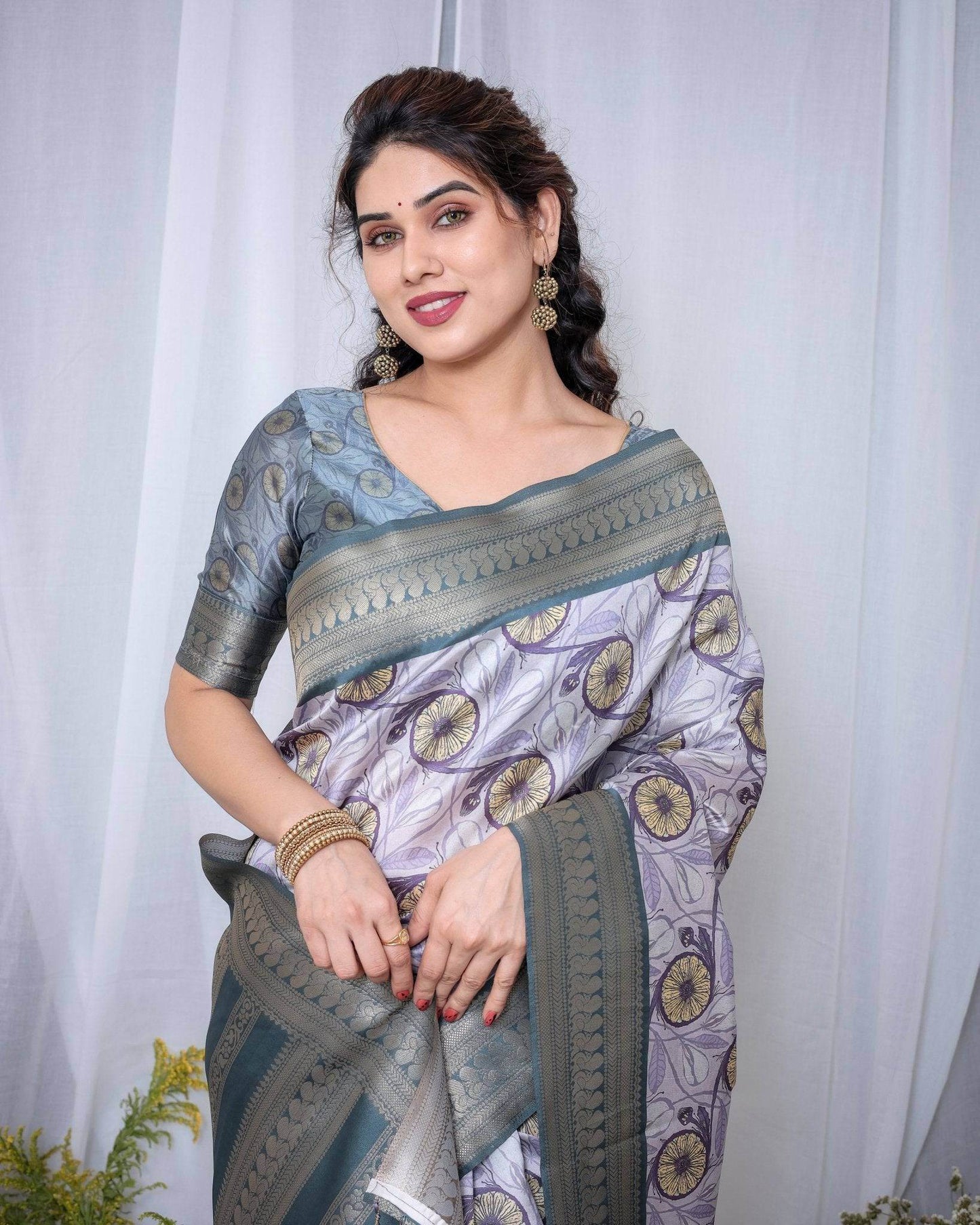 Graceful Banarasi Digitally Printed Silk Saree in Silver and Teal with Zari Work and Tassels - SEEANS