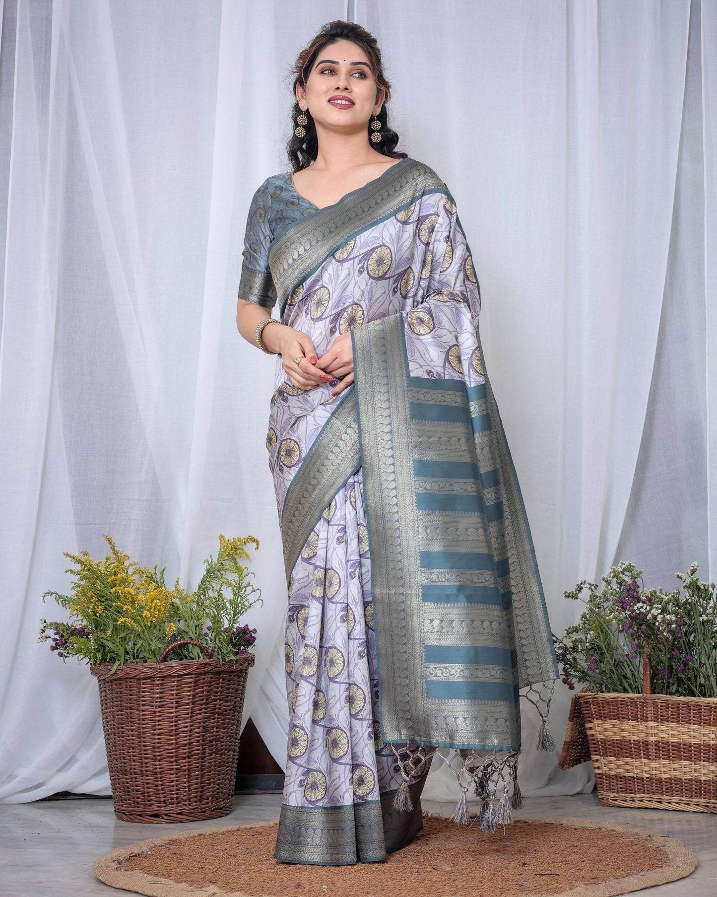 Graceful Banarasi Digitally Printed Silk Saree in Silver and Teal with Zari Work and Tassels - SEEANS
