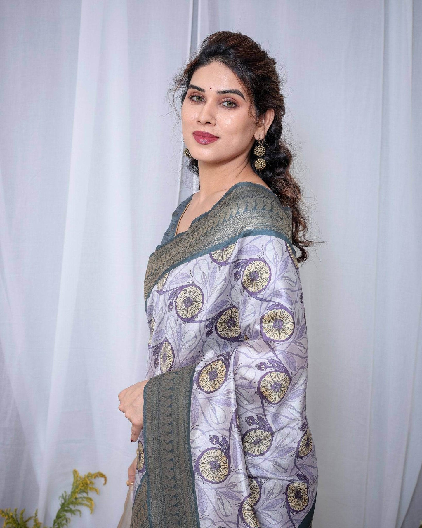 Graceful Banarasi Digitally Printed Silk Saree in Silver and Teal with Zari Work and Tassels - SEEANS