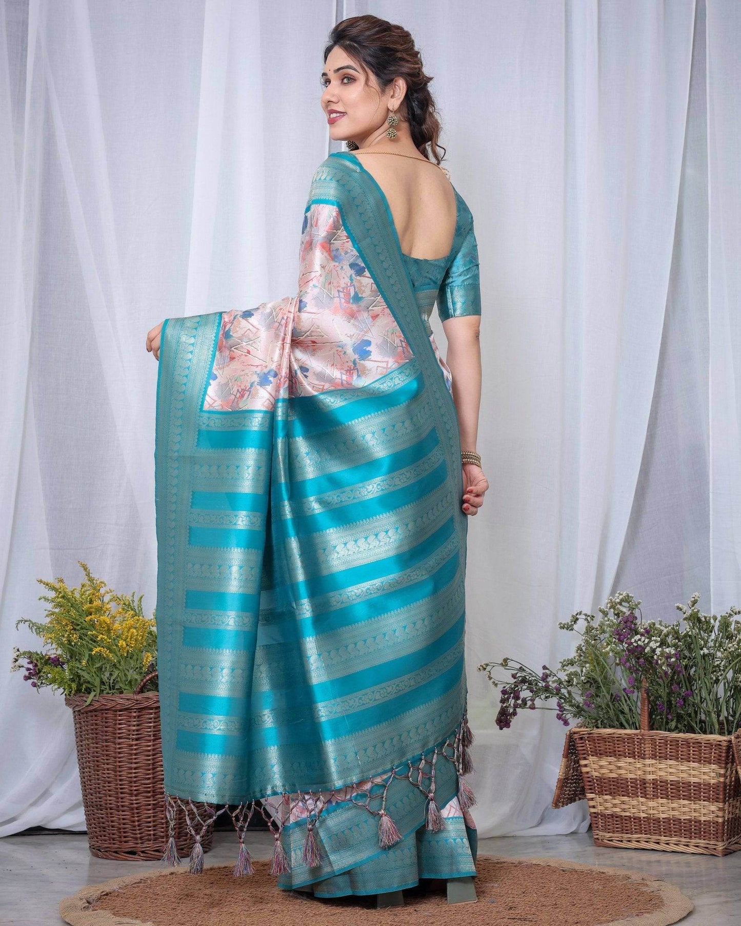 Ivory Banarasi Silk Saree with Pink Ikat Digital Print, Zari Border & Tassel Pallu - SEEANS