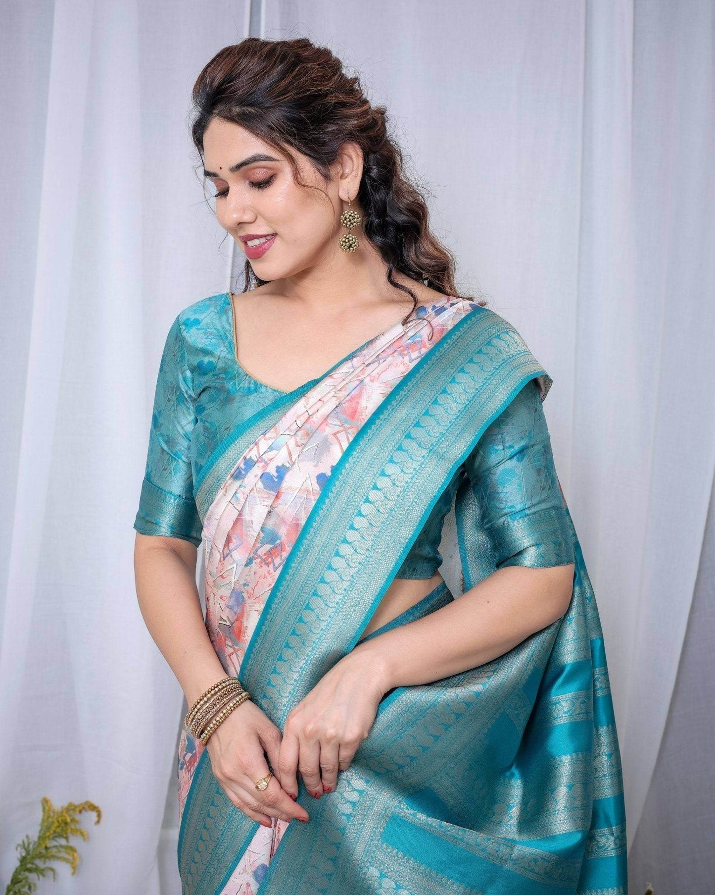 Ivory Banarasi Silk Saree with Pink Ikat Digital Print, Zari Border & Tassel Pallu - SEEANS