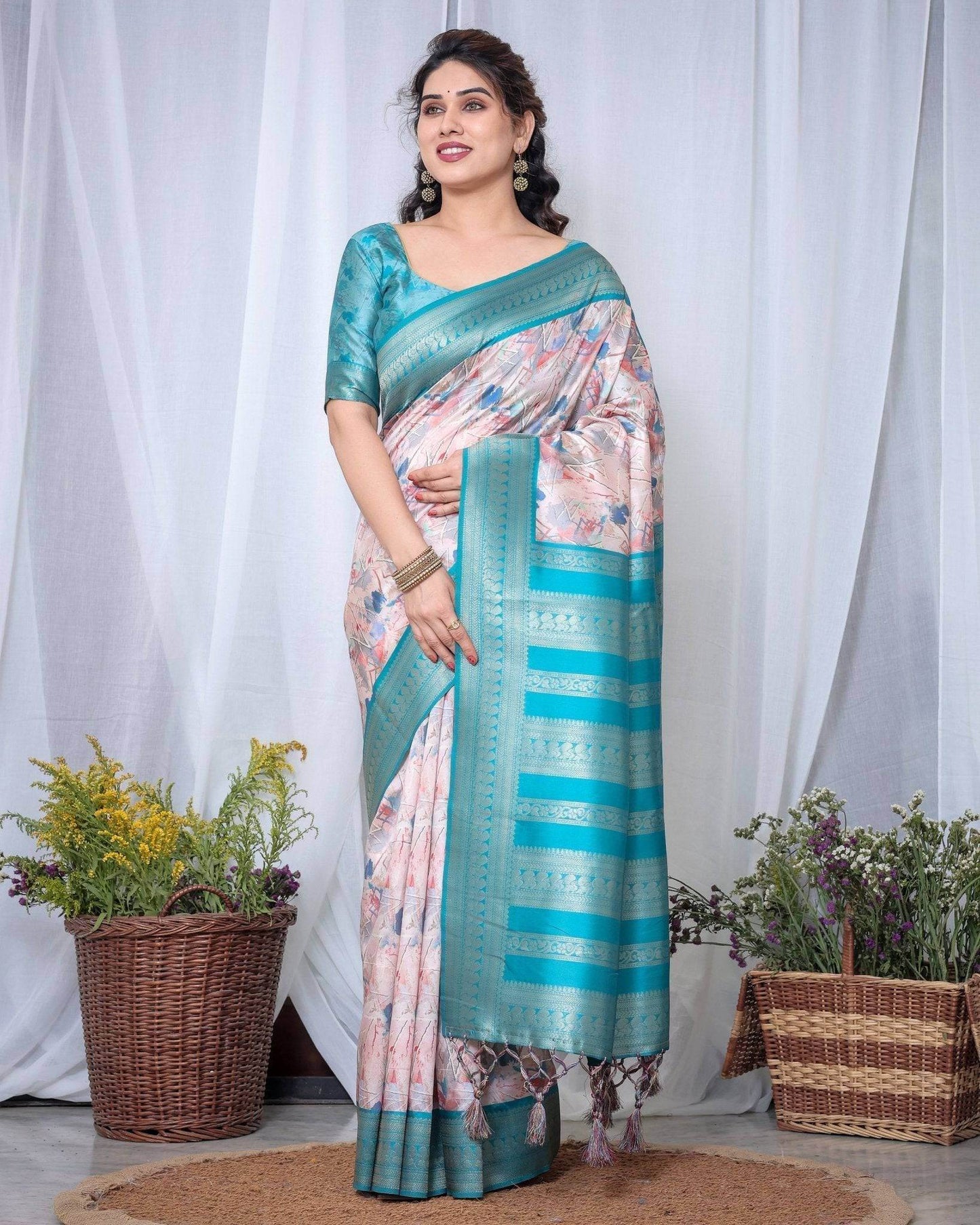 Ivory Banarasi Silk Saree with Pink Ikat Digital Print, Zari Border & Tassel Pallu - SEEANS