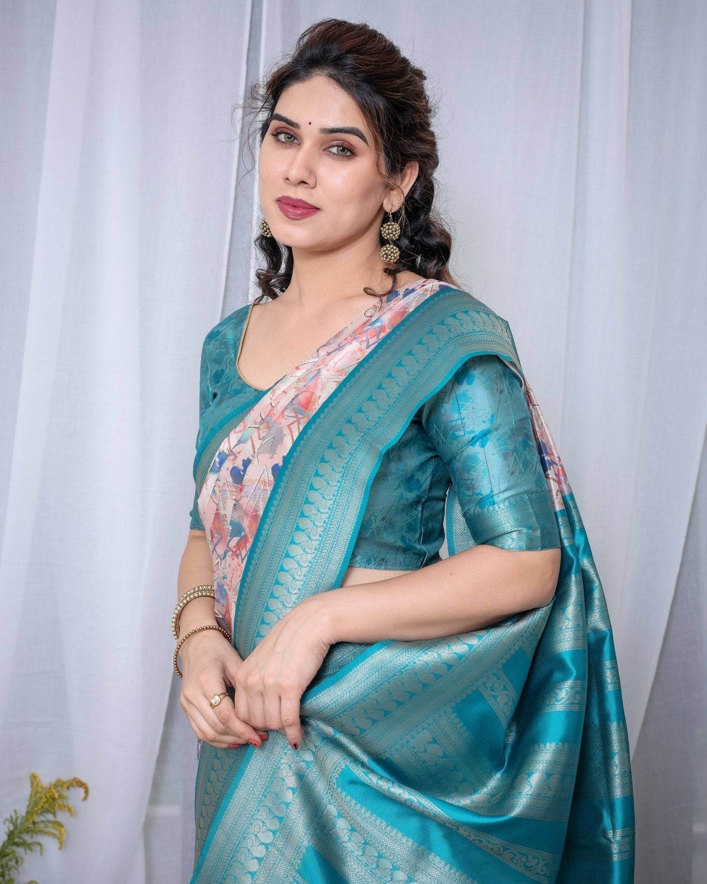 Ivory Banarasi Silk Saree with Pink Ikat Digital Print, Zari Border & Tassel Pallu - SEEANS