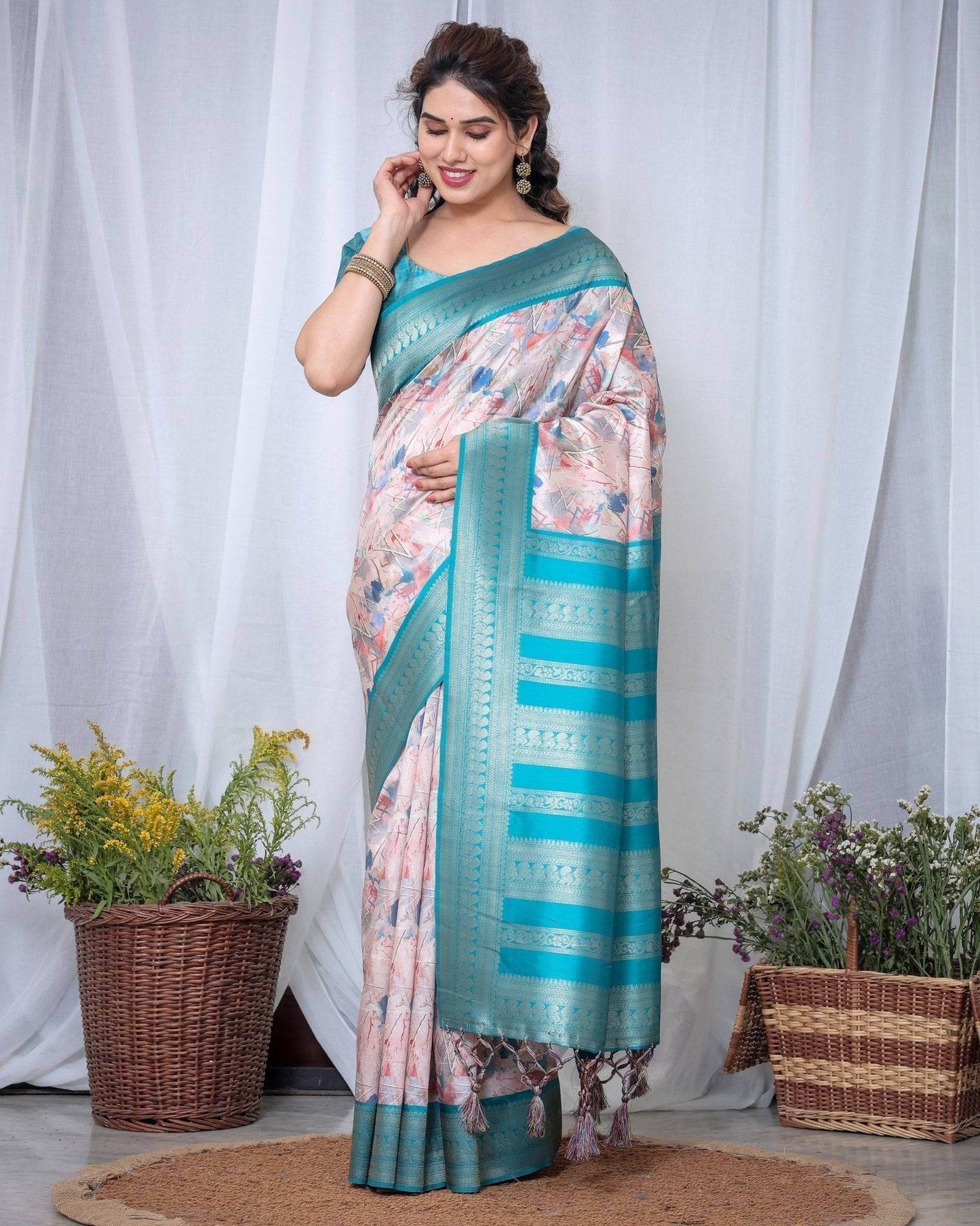 Ivory Banarasi Silk Saree with Pink Ikat Digital Print, Zari Border & Tassel Pallu - SEEANS