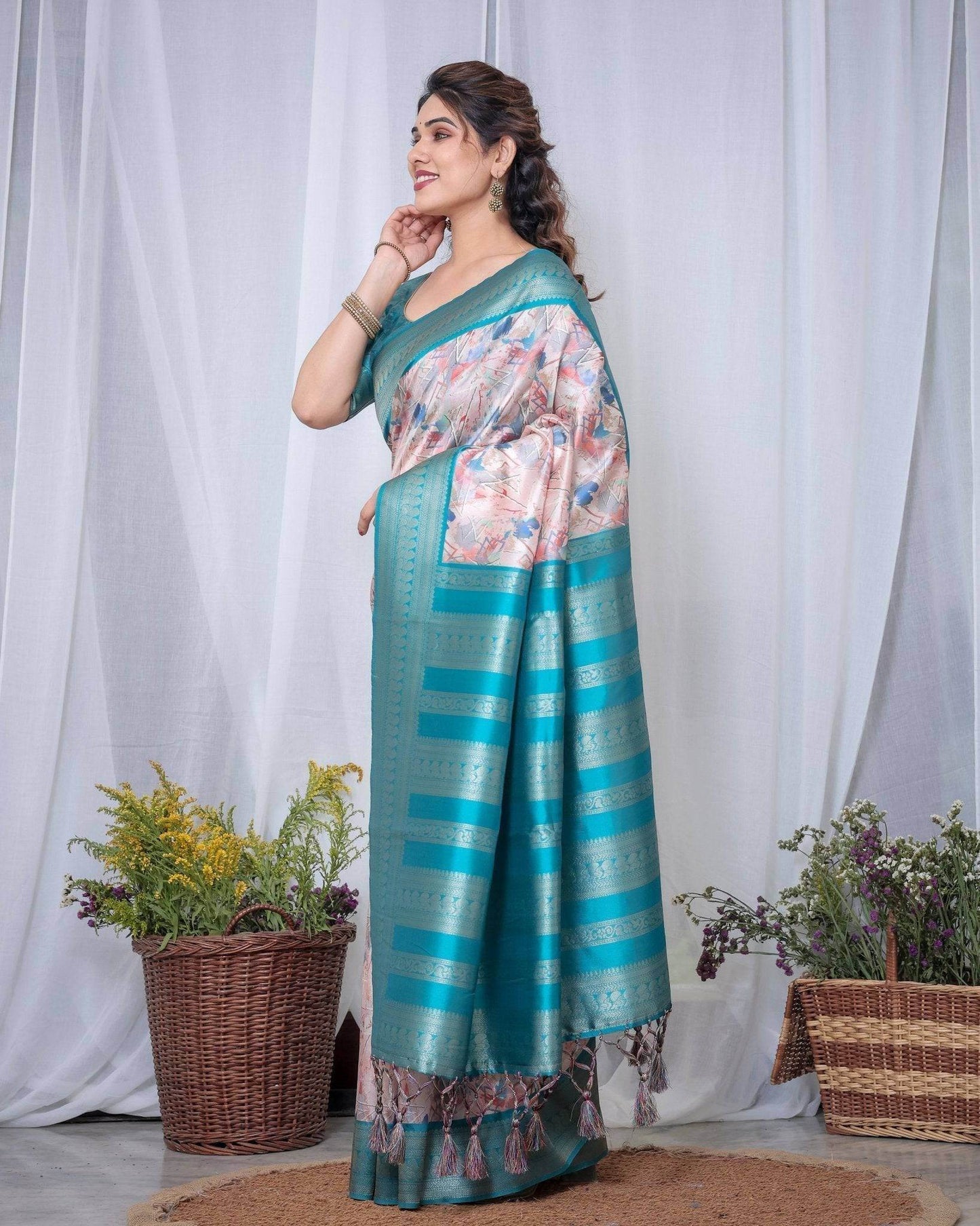 Ivory Banarasi Silk Saree with Pink Ikat Digital Print, Zari Border & Tassel Pallu - SEEANS