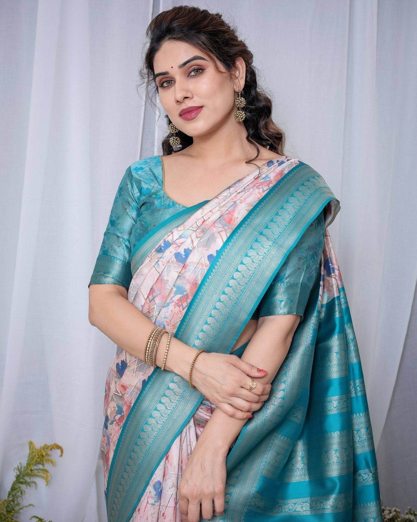 Ivory Banarasi Silk Saree with Pink Ikat Digital Print, Zari Border & Tassel Pallu - SEEANS