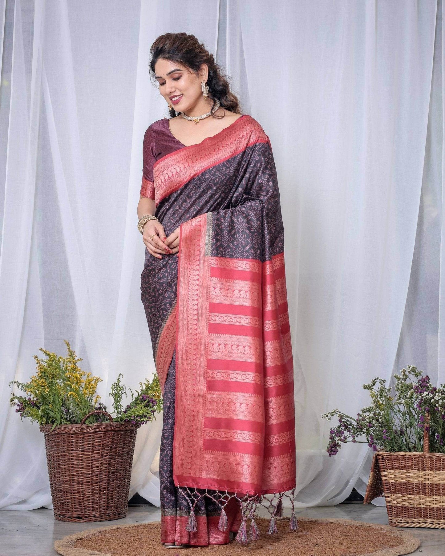 Majestic Black Banarasi Silk Saree with Rose Gold Border and Tassels - SEEANS