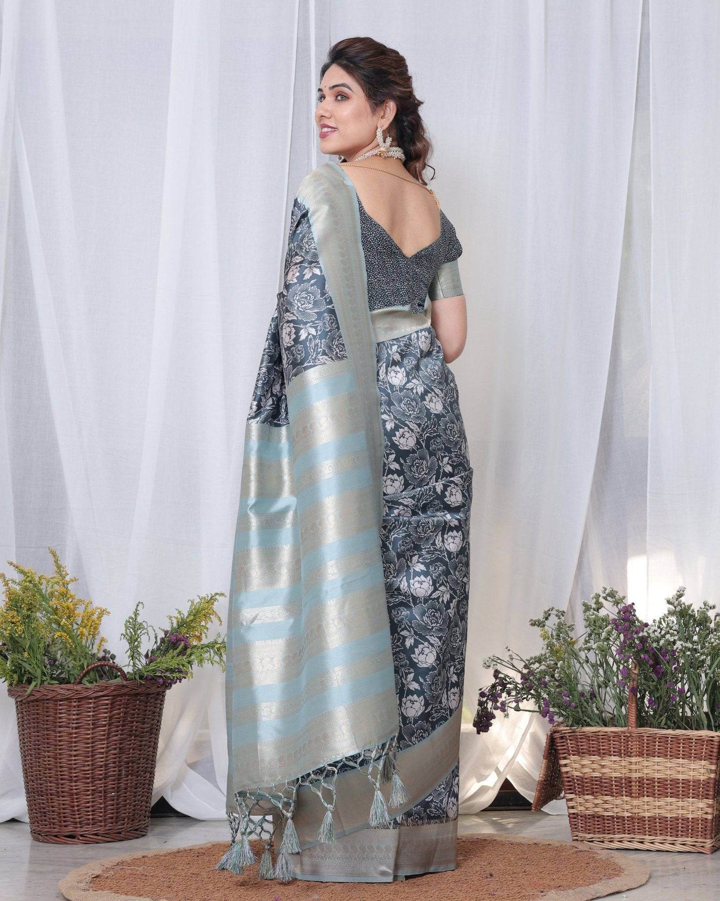 Timeless Blue and Silver Banarasi Silk Saree with Floral Design and Tassels - SEEANS