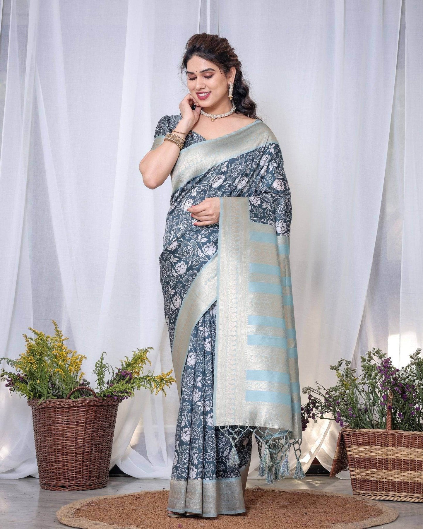 Timeless Blue and Silver Banarasi Silk Saree with Floral Design and Tassels - SEEANS