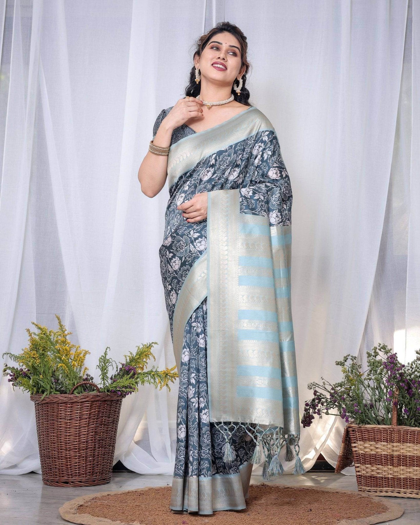 Timeless Blue and Silver Banarasi Silk Saree with Floral Design and Tassels - SEEANS