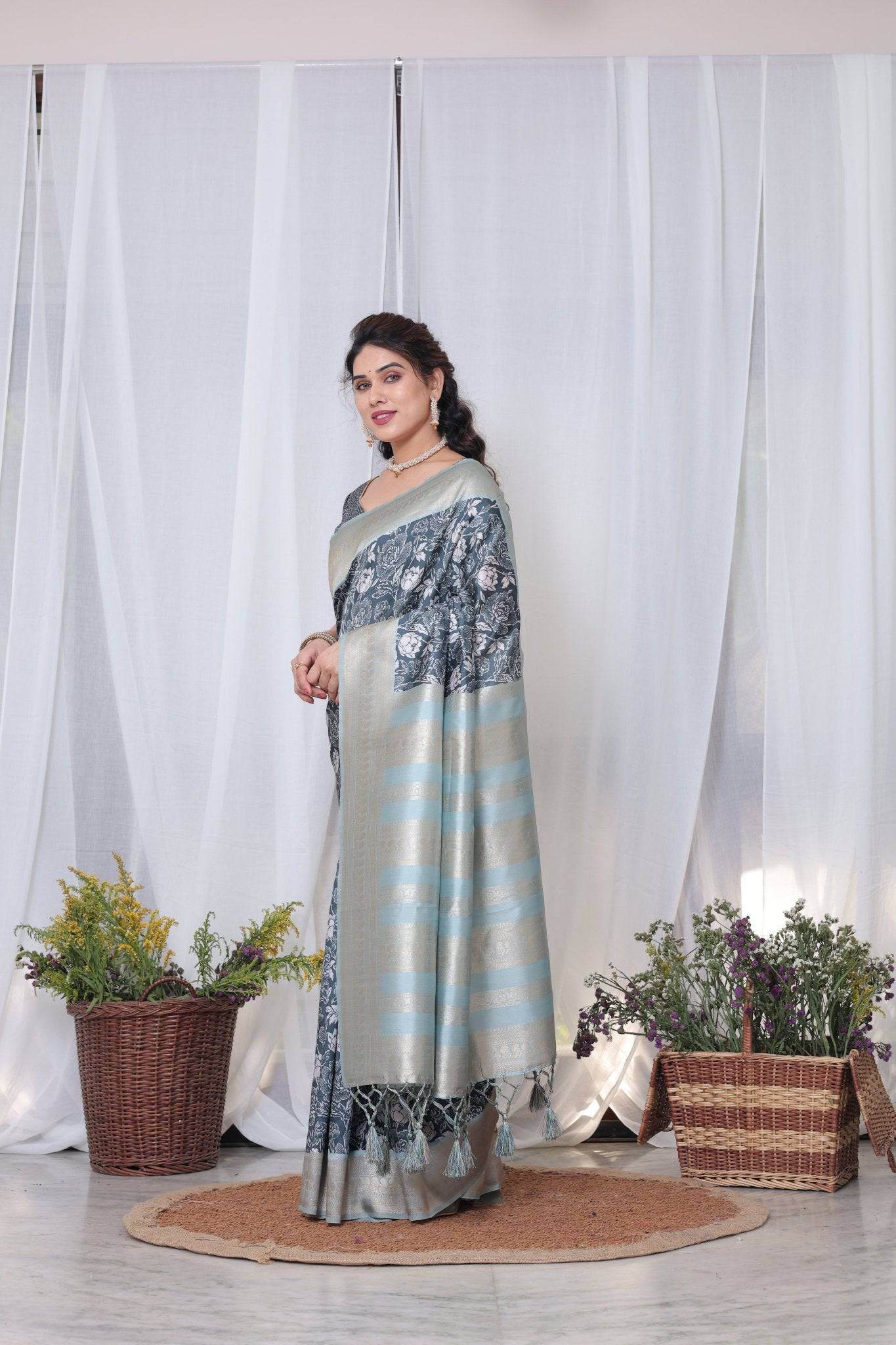 Timeless Blue and Silver Banarasi Silk Saree with Floral Design and Tassels - SEEANS