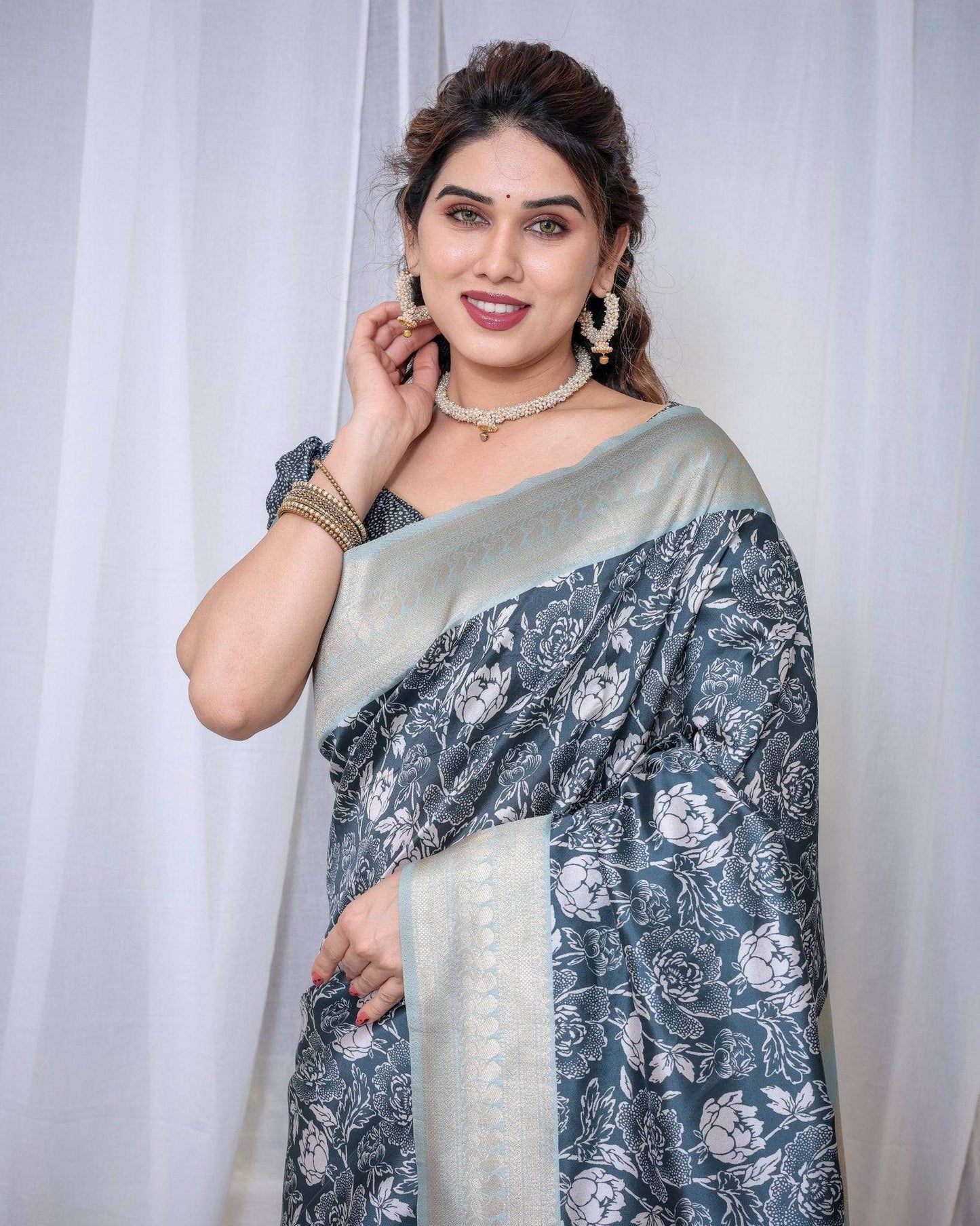 Timeless Blue and Silver Banarasi Silk Saree with Floral Design and Tassels - SEEANS