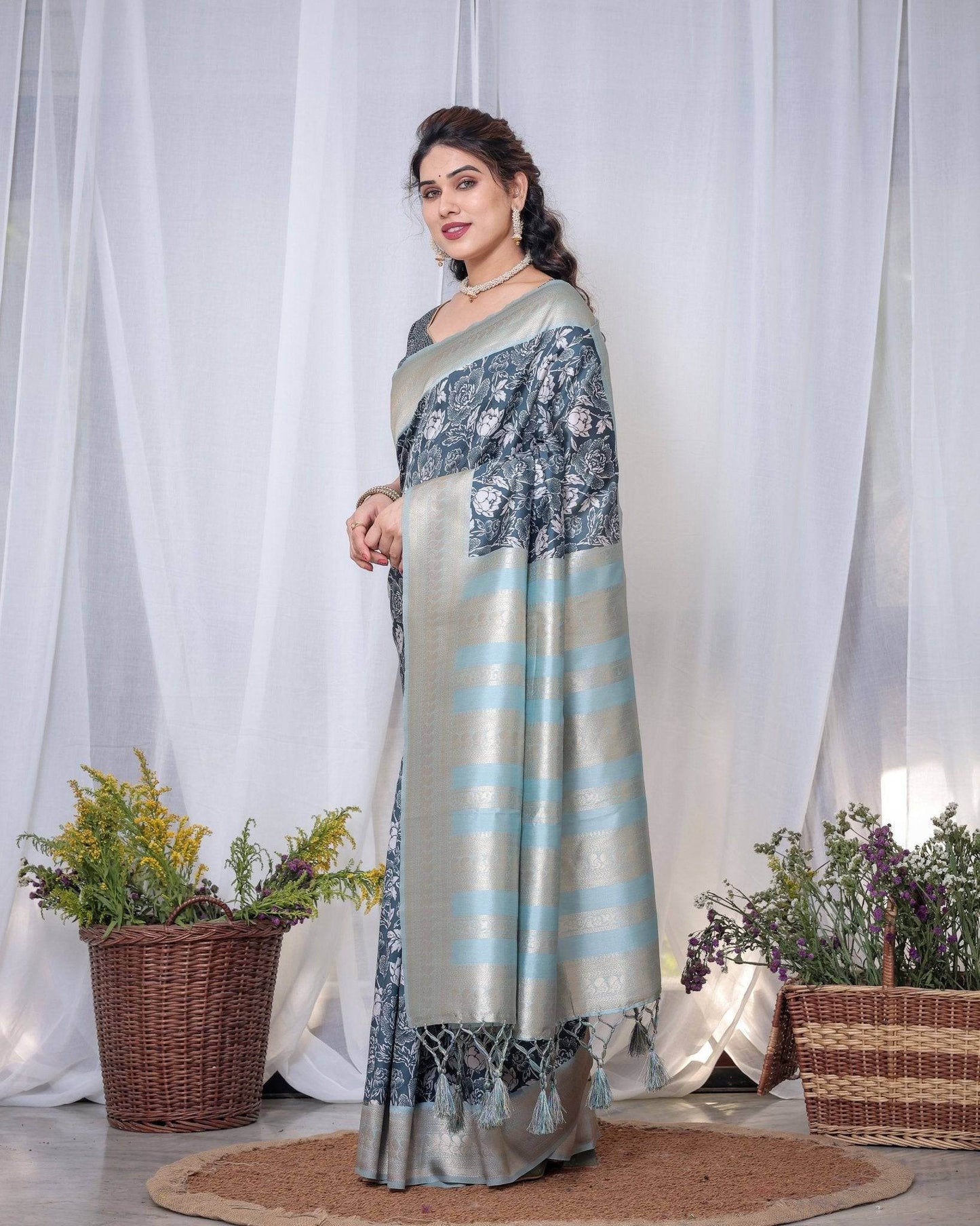 Timeless Blue and Silver Banarasi Silk Saree with Floral Design and Tassels - SEEANS