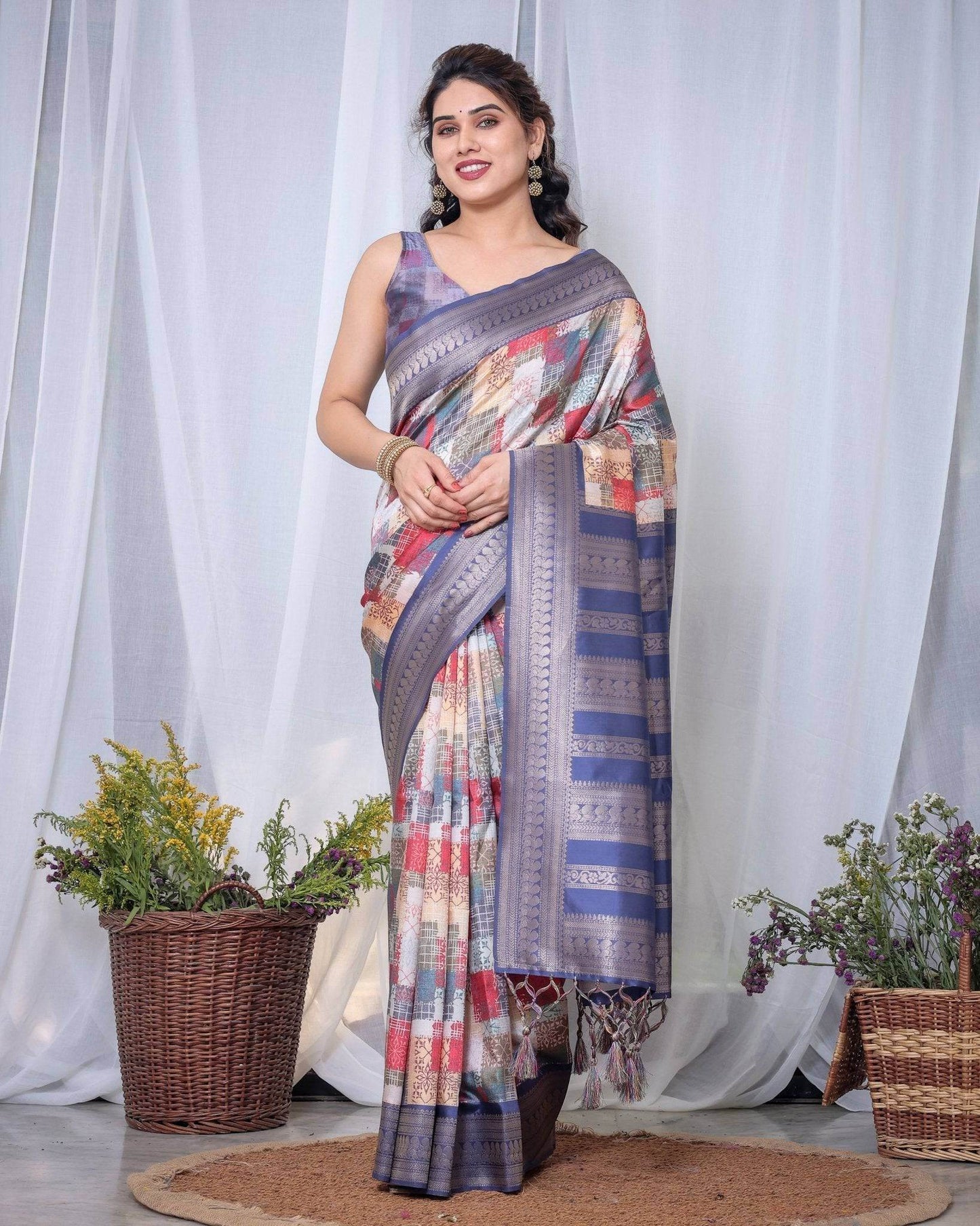 Blue Banarasi Silk Saree with Multicolor Patchwork Digital Print, Zari Border & Tassel Pallu - SEEANS