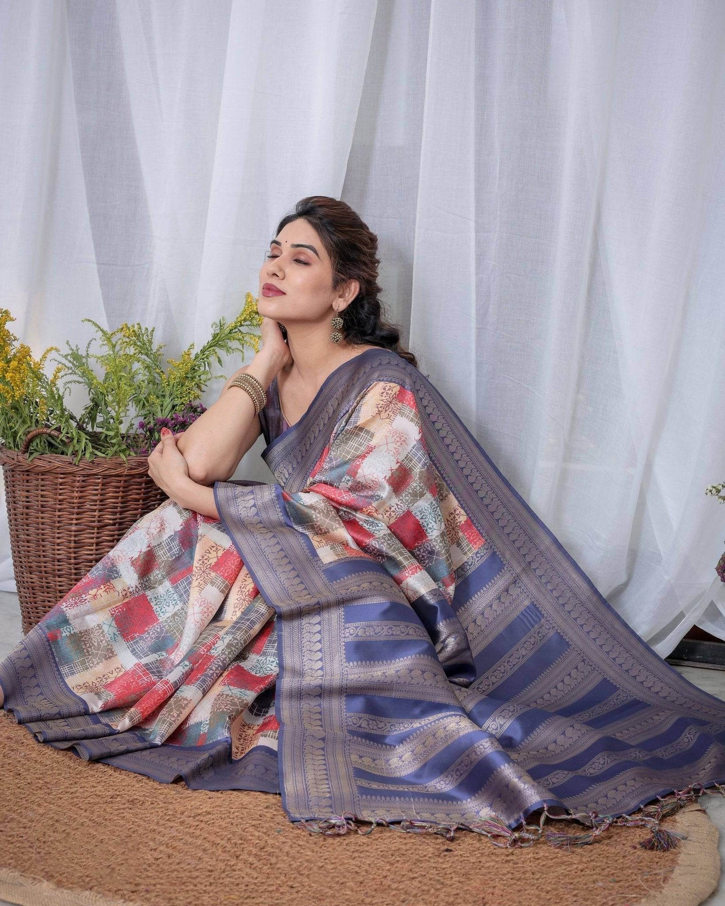 Blue Banarasi Silk Saree with Multicolor Patchwork Digital Print, Zari Border & Tassel Pallu - SEEANS